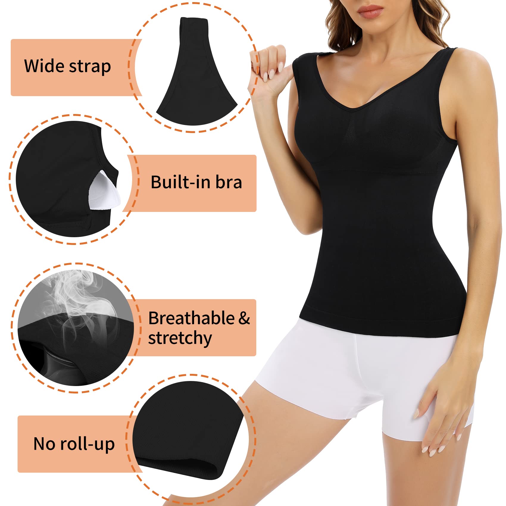 Women's Seamless Camisole with Built-in Bra & Tummy Control - Padded Shapewear Tank Top for Everyday Wear, Workout & Layering - White