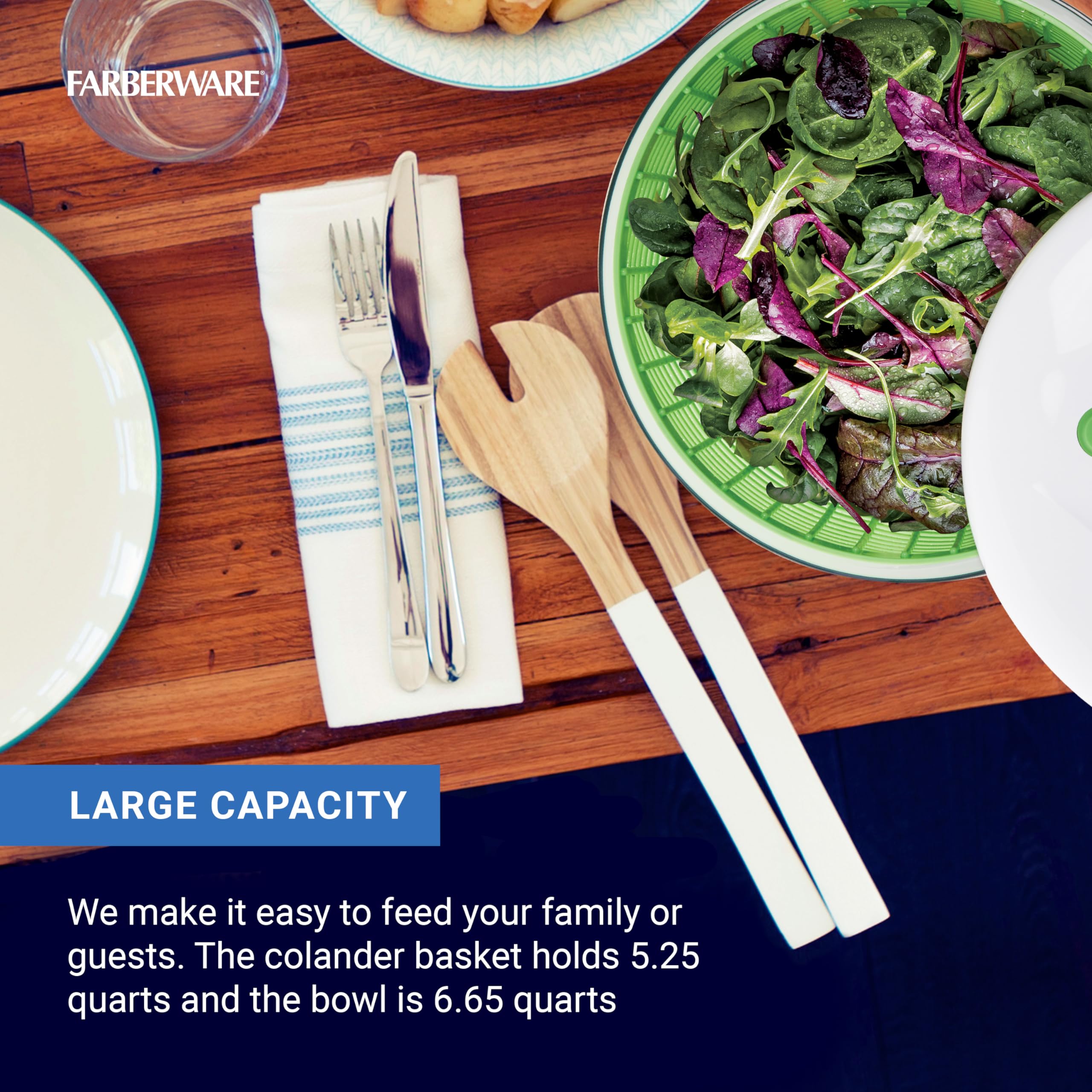 Farberware 6.6 Quart Salad Spinner with Bowl & Colander - Built-in Draining System for Fresh Crisp Vegetables - Perfect for Kitchen, Meal Prep & Healthy Eating - Green