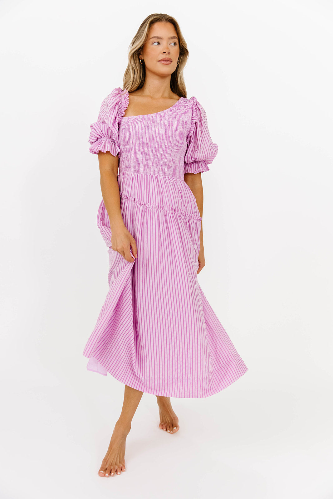 Kaden Women's Asymmetrical Ruffle Midi Dress - Flowy Pink Summer Dress for Casual Outings, Beach Vacations & Date Nights