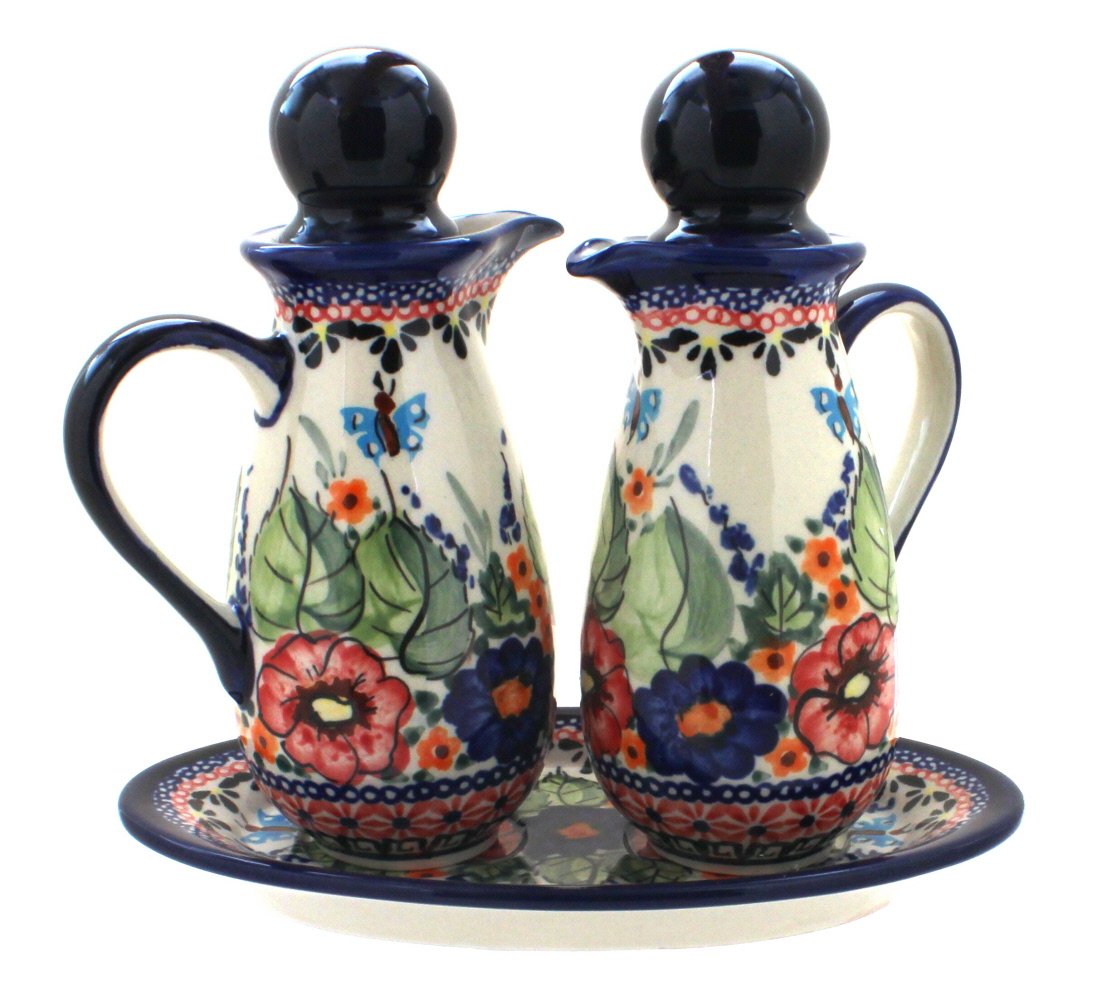 Blue Rose Polish Pottery Floral Butterfly Oil and Vinegar Set - Handmade Ceramic Cruets for Kitchen, Dining Table Decor, Perfect Gift for Housewarming