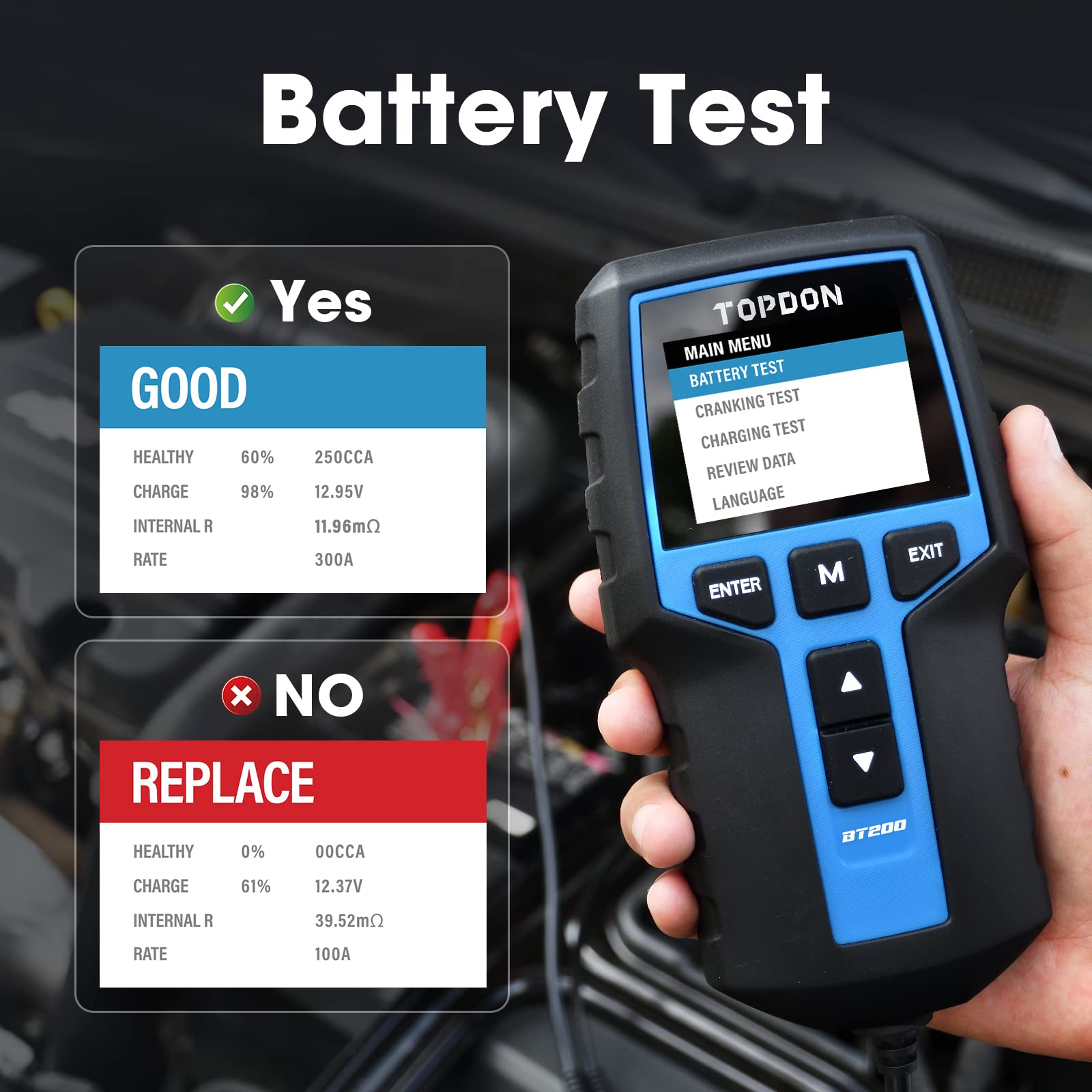TOPDON BT200 12V/24V Car Battery Tester - 100-2000CCA Automotive Battery Analyzer with Cranking & Charging Tests for Cars, Motorcycles, Boats, SUVs, Trucks | Professional & DIY Use | Perfect for Garage, Roadside Assistance & Vehicle Maintenance