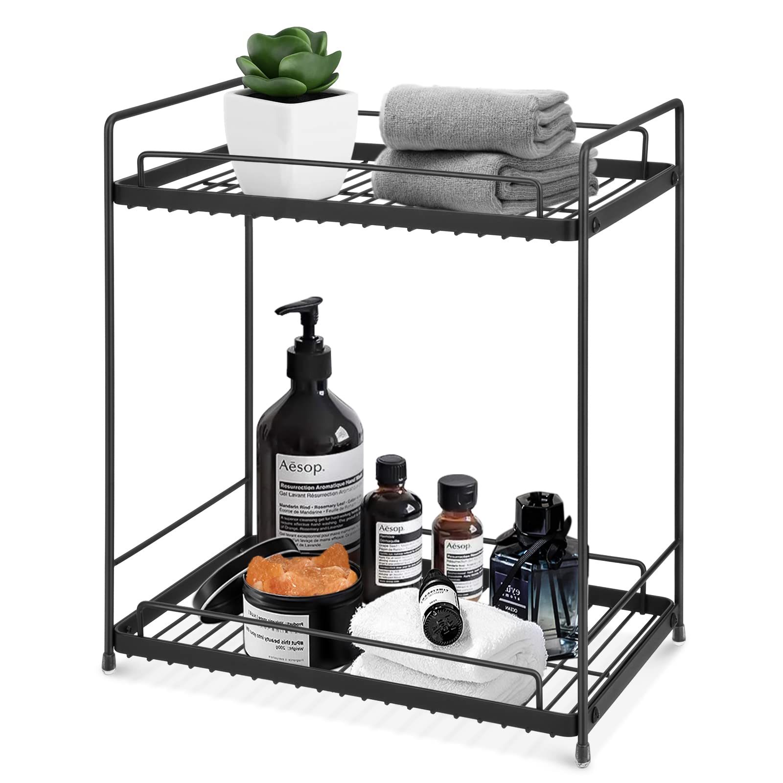 MAHUEEOL 2-Tier Metal Bathroom Organizer - Countertop Cosmetic & Makeup Holder, Detachable Vanity Rack for Kitchen Cabinet Spice Storage, Black Shower Caddy - Perfect for Bathroom Counter, Vanity Table & Kitchen Organization