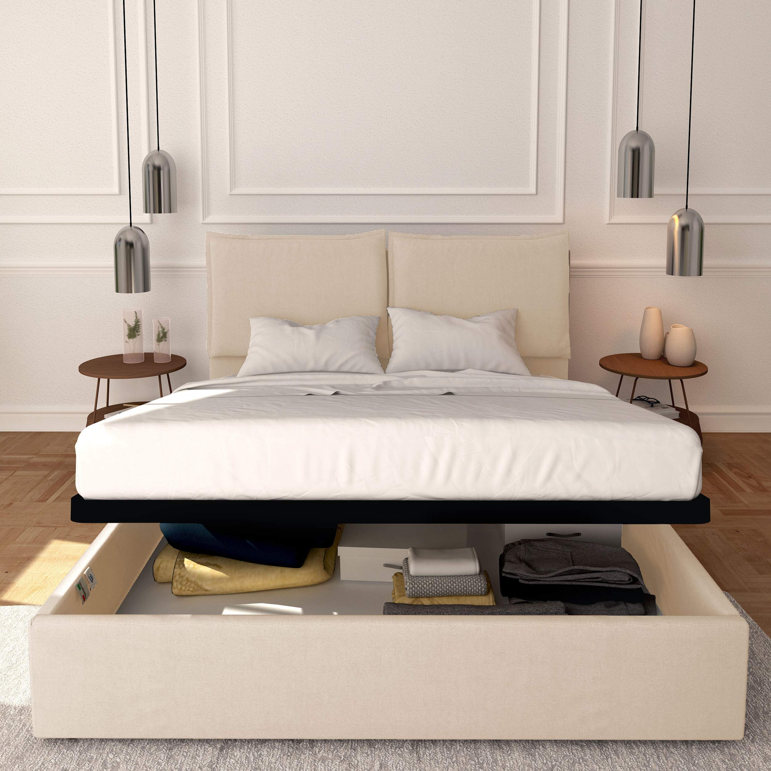 Baldiflex Queen Size Bed with Storage - Licia Model, Synthetic Leather Upholstery, Slatted Base for Mattress Support, 180x200 cm, Padded Headboard, White - Perfect for Modern Bedrooms & Guest Rooms