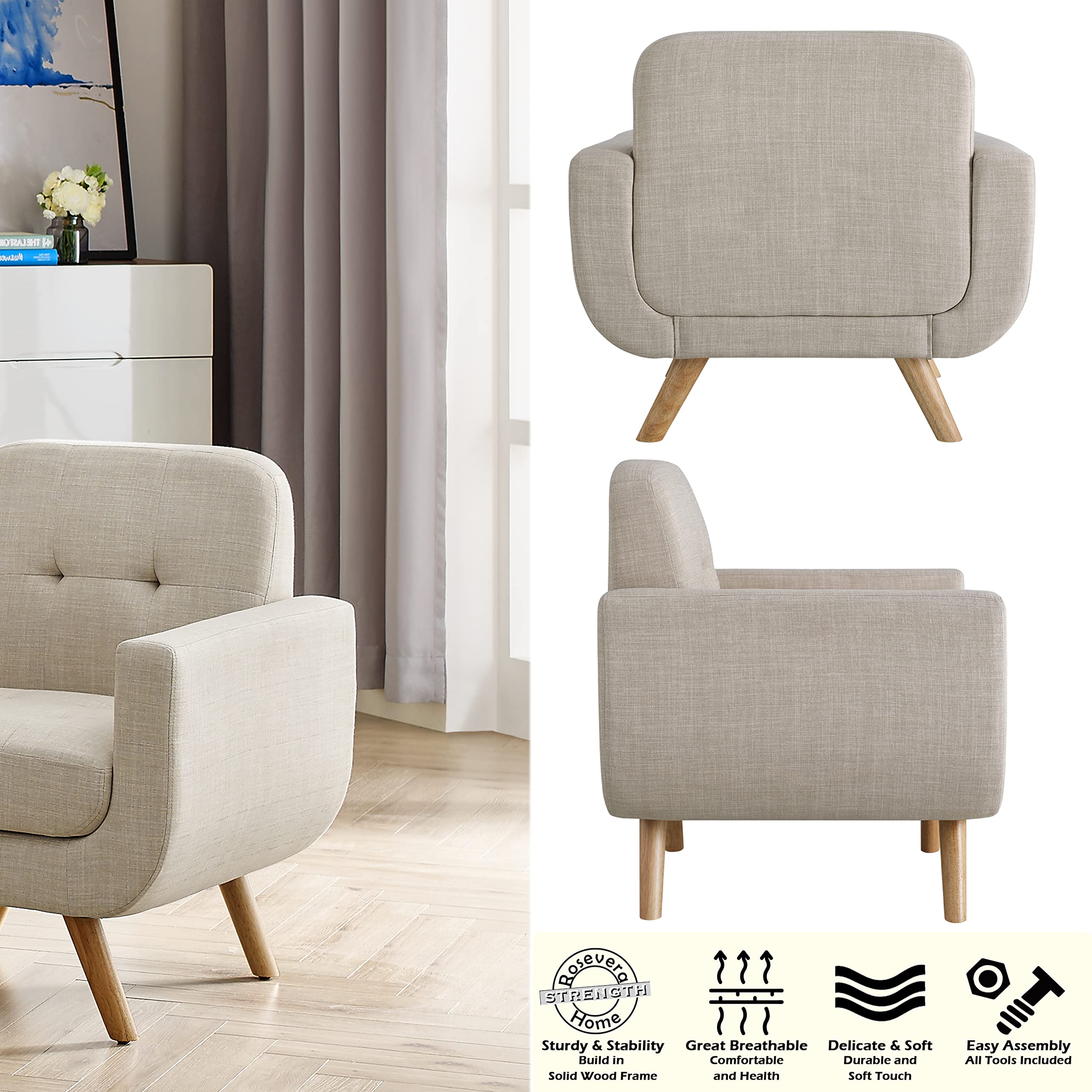 Rosevera Elena Modern Accent Armchair with Linen Upholstery - Mid Century Living Room Chair, Beige - Perfect for Lounge, Reading Nook & Home Office Decor