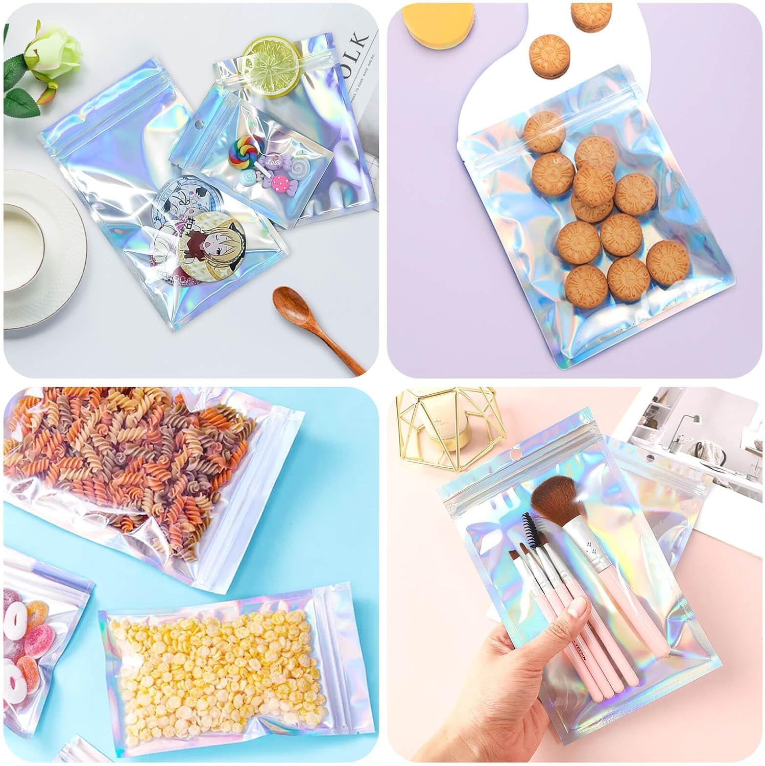 8x10 Inch 100 Pack Smell Proof Resealable Holographic Bags - Cute Lip Gloss & Food Storage Bags | Airtight Packaging for Cosmetics, Snacks & Herbs | FDA Approved Food Safe Storage Solution