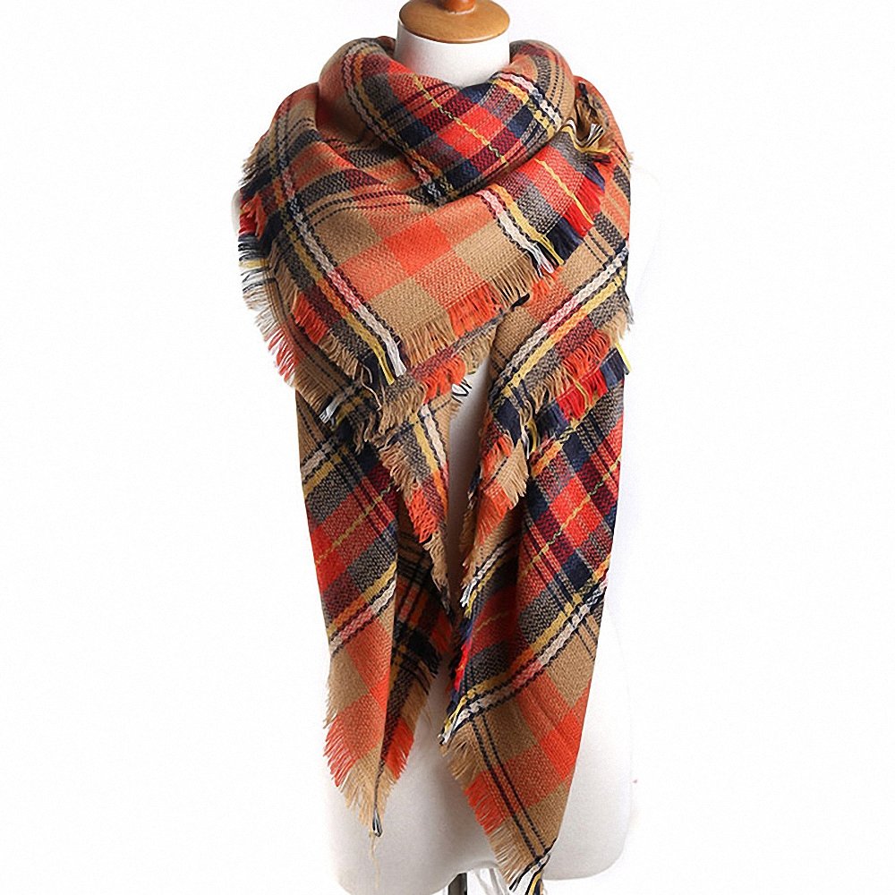 Lictory Women's Winter Fashion Scarf - Soft Artificial Cashmere Plaid Shawl with Tassels, Brown Checkered Pattern for Warmth & Style | Perfect for Cold Weather, Office, Travel & Holiday Outfits