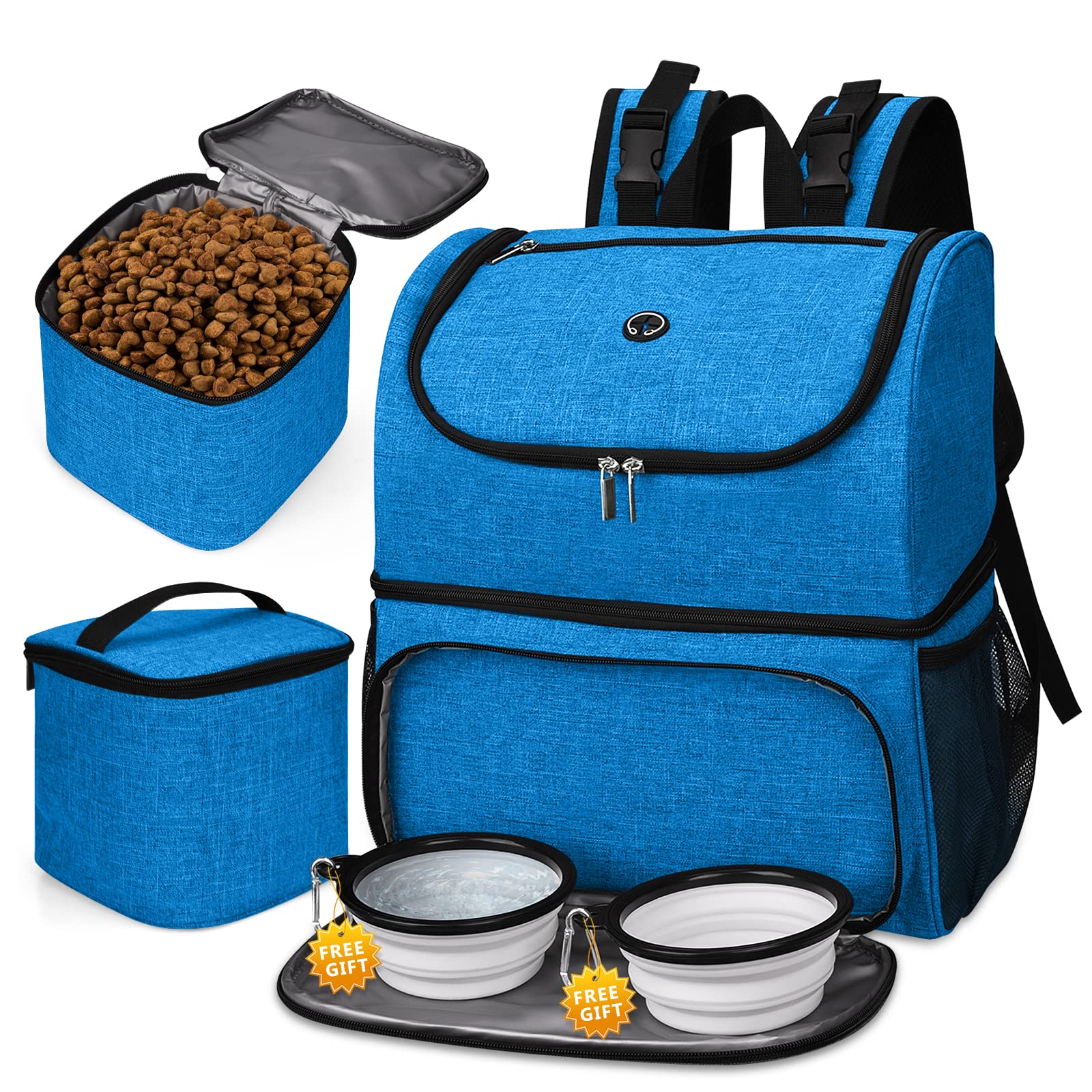 BAGLHER Pet Travel Backpack with Bowls & Food Baskets - Blue for Dog & Cat Outings