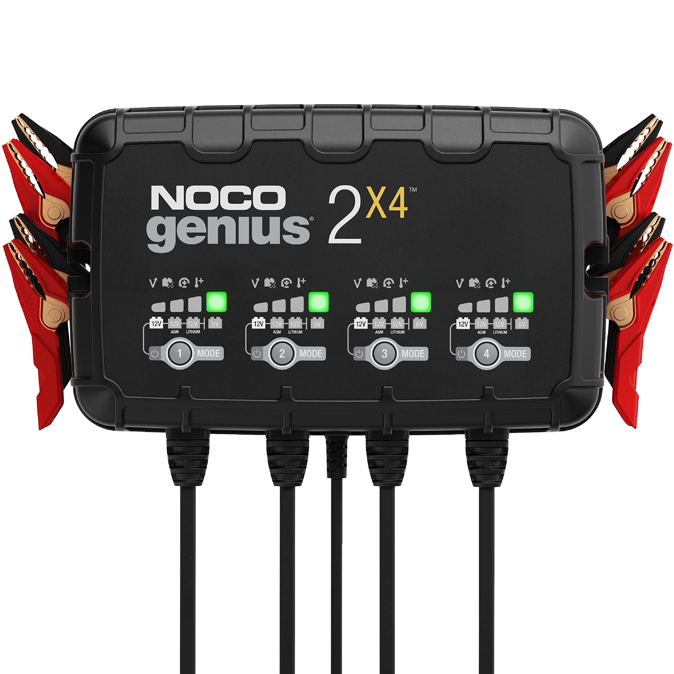 NOCO GENIUS2X4 Smart Car Battery Charger - 4-Bank 8A (2A/Bank) 6V/12V Automotive Charger, Battery Maintainer, Trickle & Float Charger with Desulfator for Motorcycle, ATV, Lithium Batteries - Perfect for Garage, RV & Seasonal Vehicle Storage
