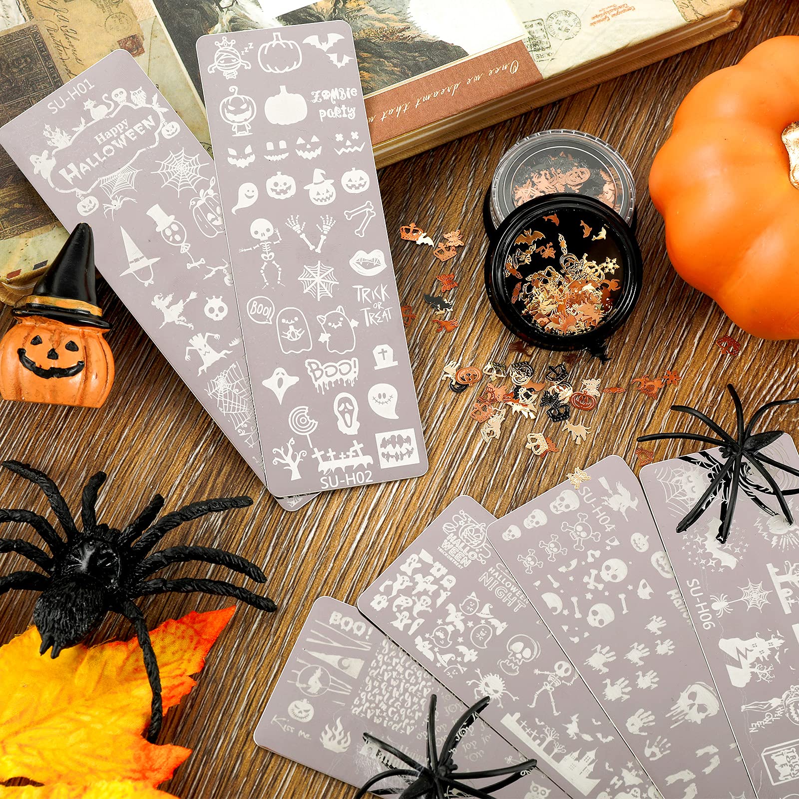 Whaline Halloween Nail Stamper Kit - 6Pcs Nail Art Plates with Pumpkin, Bat, Ghost, Spider, Witch & Owl Designs, 2 Boxes Glitter Sequins (Gold & Black) for DIY Manicure - Perfect for Halloween Parties, Nail Salon Decor & Spooky Nail Art Designs
