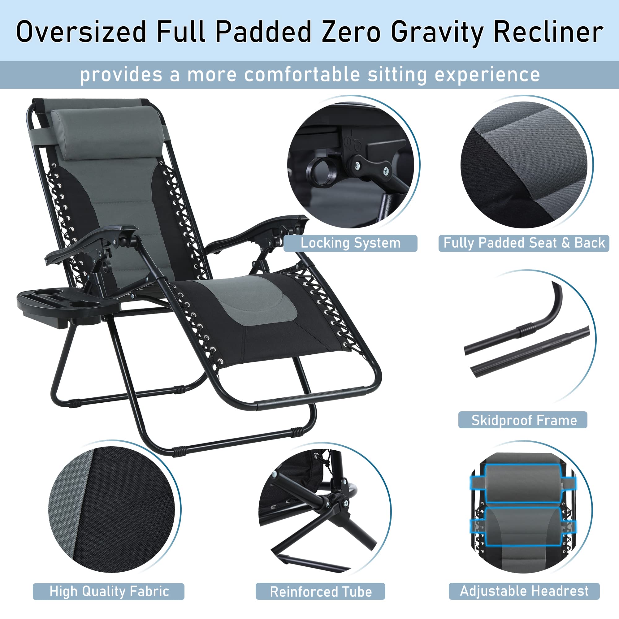 PHI VILLA Set of 2 Oversized Zero Gravity Lounge Chairs - Padded Folding Patio Recliners with Adjustable Headrest & Cup Holder, Supports 350 lbs (Grey) - Perfect for Backyard, Poolside Relaxation & Outdoor Lounging