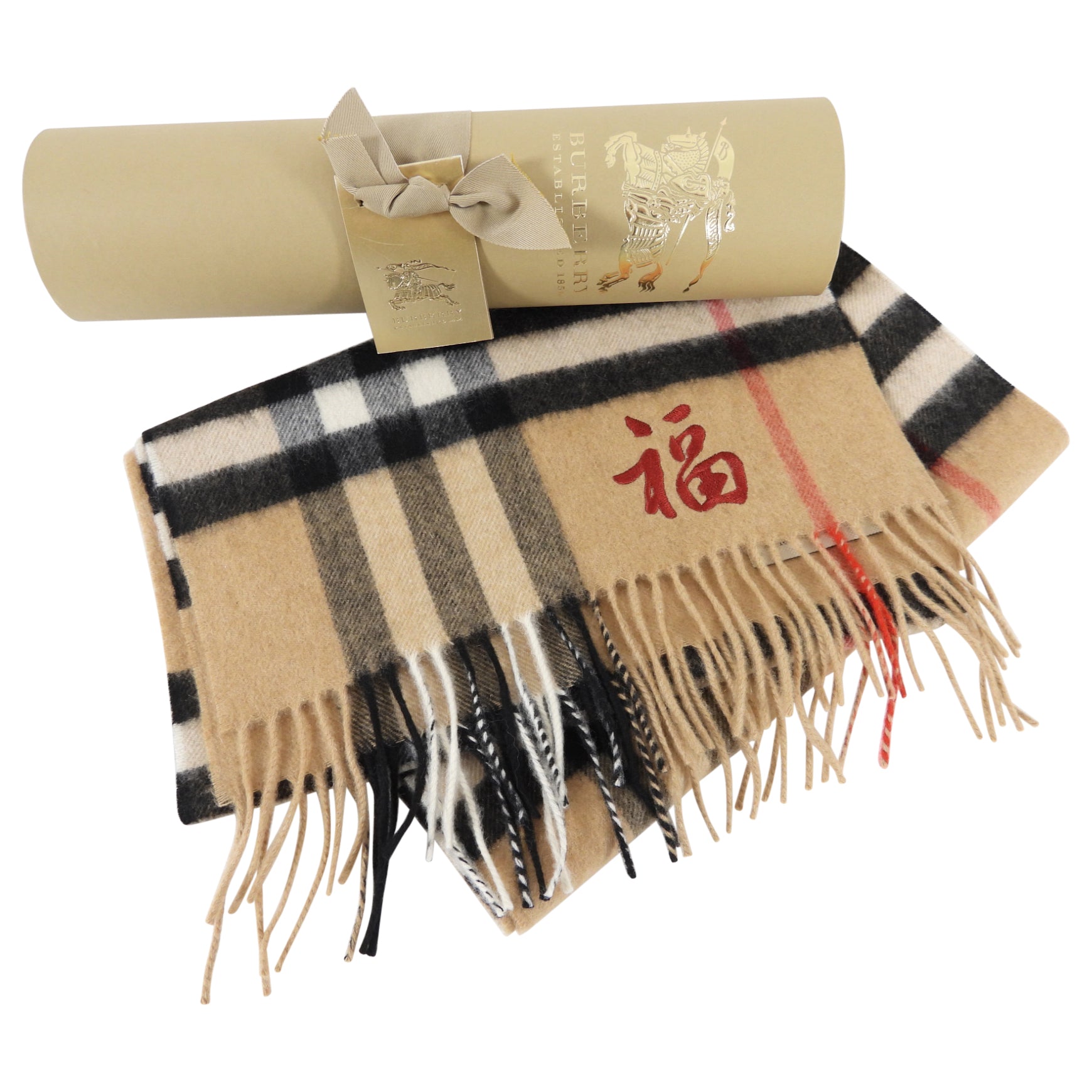 Burberry Nova Check Cashmere Scarf with Chinese Good Luck Symbol - Luxury Winter Fashion Accessory for Women & Men - Perfect for Gifts, Travel and Cold Weather