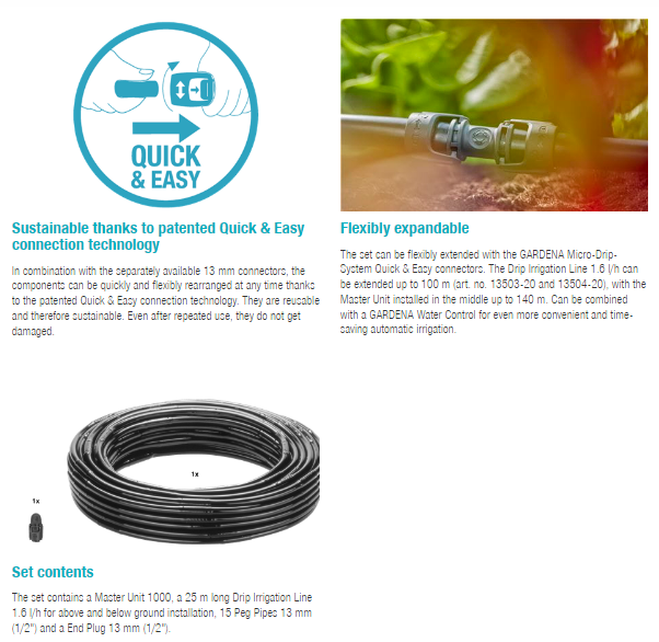 Gardena Micro Drip Irrigation Hedge/Bush Set (25 m) - Water Saving Garden Irrigation System for Shrubs, Bushes & Hedges - Perfect for Home Gardens & Landscaping