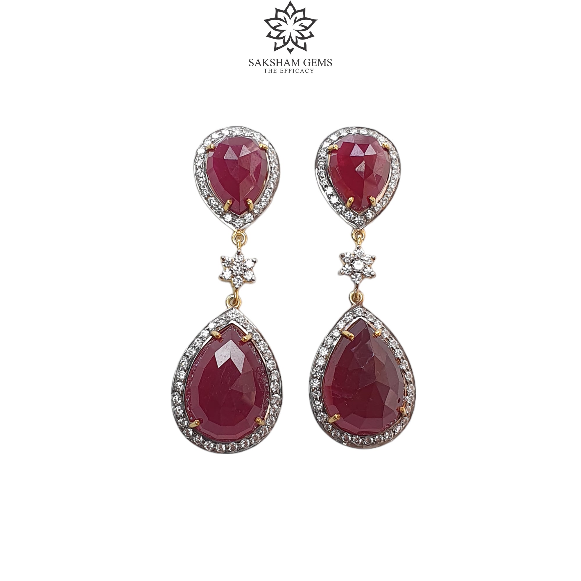 925 Sterling Silver Drop Dangle Earrings - 16.53g Natural Glass-Filled Ruby & CZ Prong Set, Yellow Gold Plated Push Back Earrings for Women | Perfect for Parties, Weddings & Evening Events