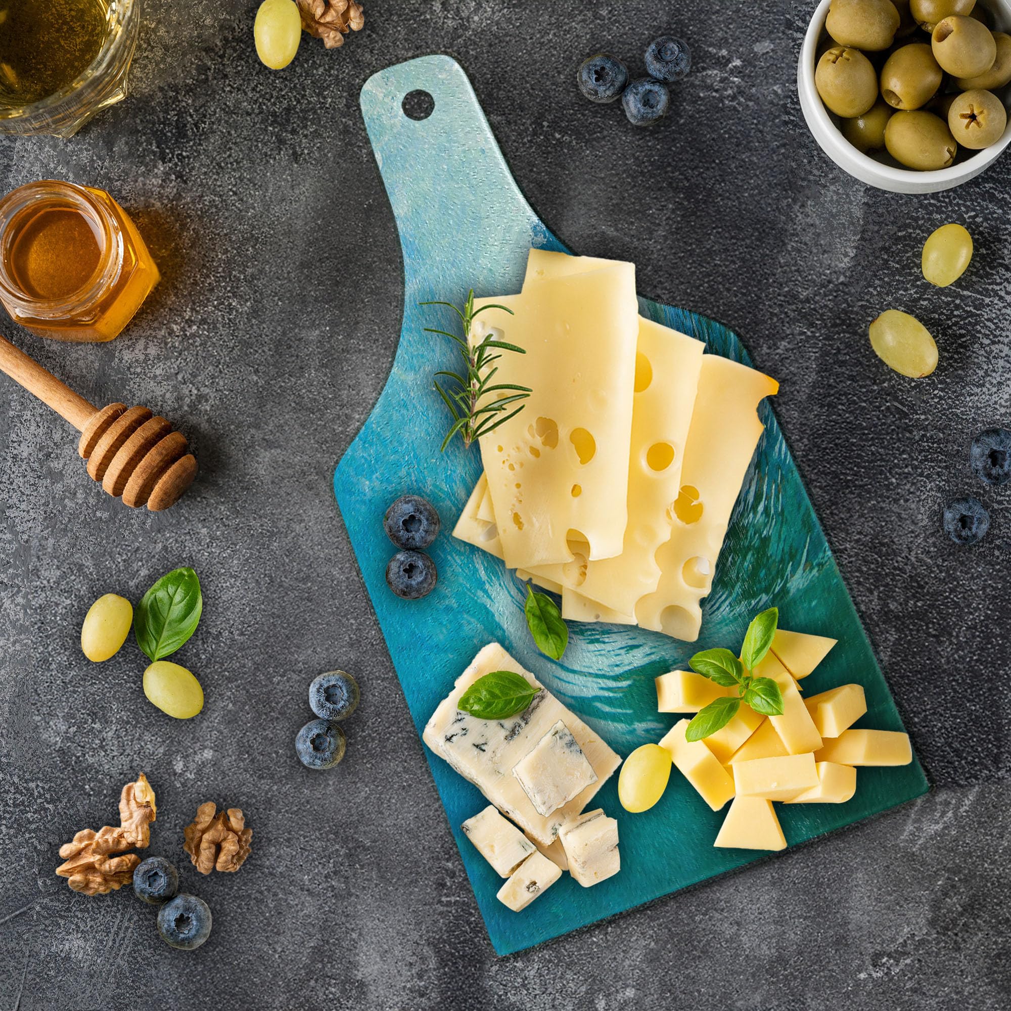 Ambesonne Ride The Wave Tempered Glass Cutting Board - Ocean Wave Surfer Adventure Design - Sky Blue & White Wine Bottle Shaped Serving Board for Kitchen & Entertaining - Perfect for Beach House Decor, Party Serving & Gift Giving