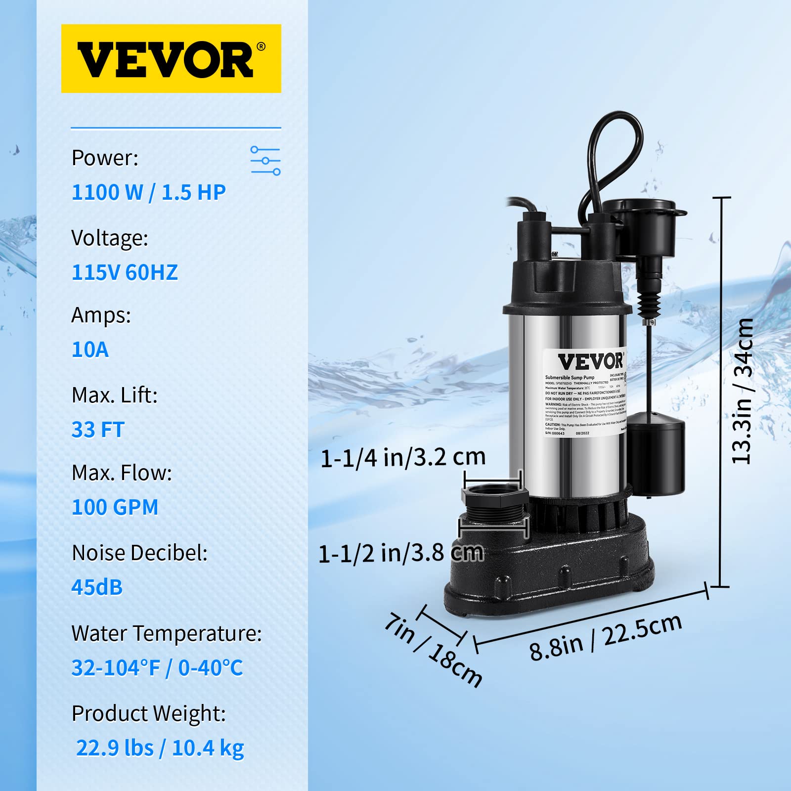 VEVOR 1.5 HP Submersible Sump Pump 6000 GPH - Cast Iron & Steel Construction with Vertical Float Switch - Heavy Duty Water Pump for Basement, Flooding Areas, Crawl Spaces & Emergency Water Removal