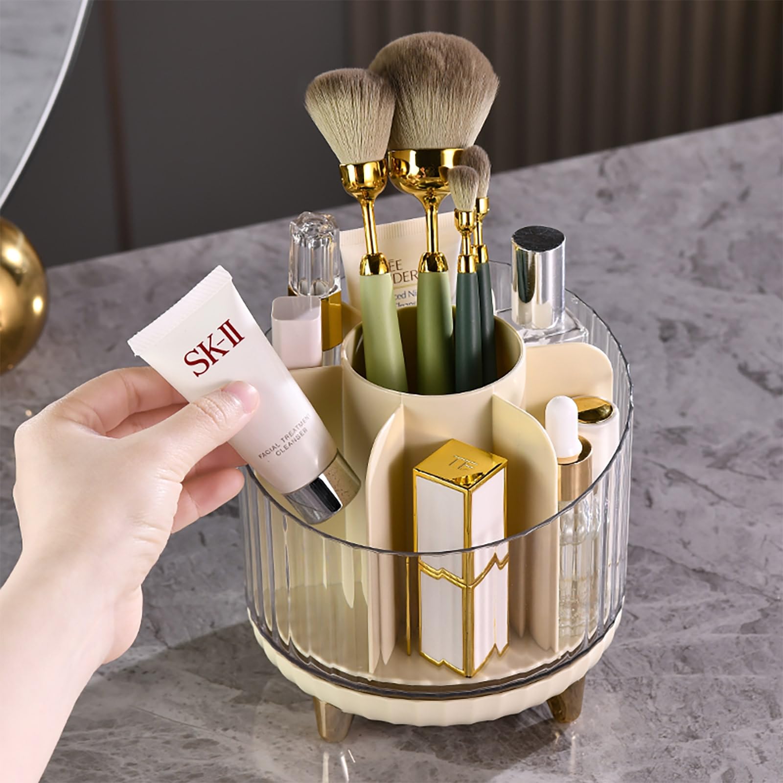NEWCARLAB 360° Rotating Makeup Organizer - Spinning Vanity Cosmetic Storage with 7 Slots for Brushes, Lipsticks, Eyeliners & Skincare Products (Ivory) | Perfect for Bathroom Countertops, Dressing Tables & Bedroom Vanity Organization