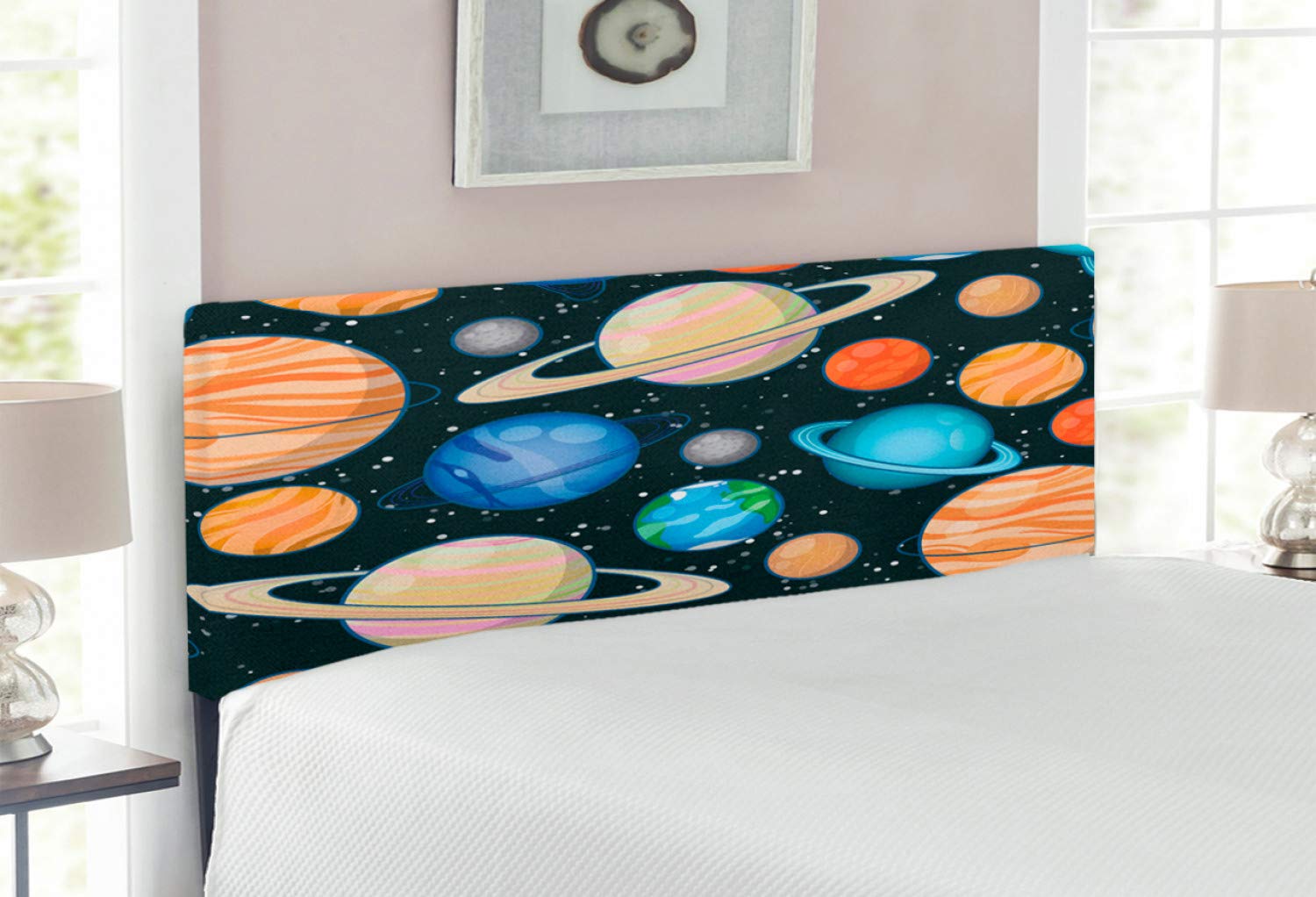Ambesonne Galaxy Headboard - Solar System Planets Print Upholstered Metal Bed Headboard with Memory Foam, Full Size Multicolor Space Theme - Perfect for Kids' Rooms, Teen Bedrooms & Astronomy Lovers