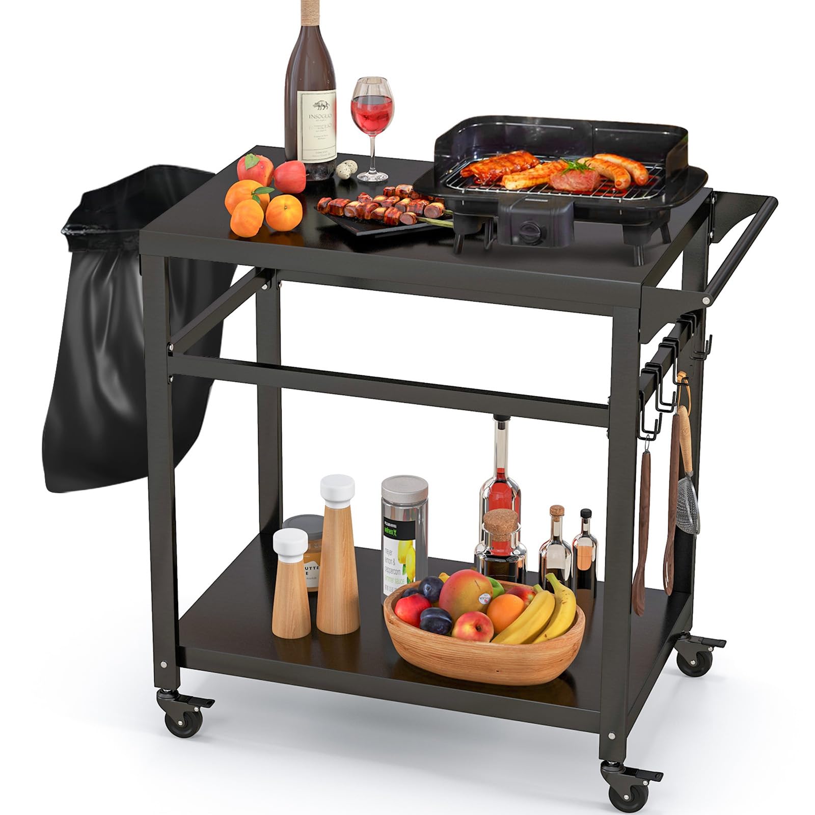 Giantex Outdoor Grill Cart with Lockable Wheels - Double Shelf BBQ Prep Table, Pizza Oven Stand with Garbage Bag Holder & Removable Hooks | Portable Kitchen Cart for Backyard BBQ, Camping, Tailgating & Outdoor Dining Parties