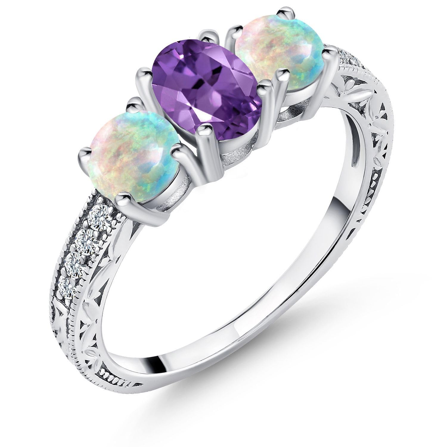 925 Sterling Silver Amethyst & Simulated Opal Women's Ring - 1.88ct Oval Birthstone Jewelry (Sizes 5-9) | Elegant Gift for Mother's Day, Anniversary & Valentine's Day