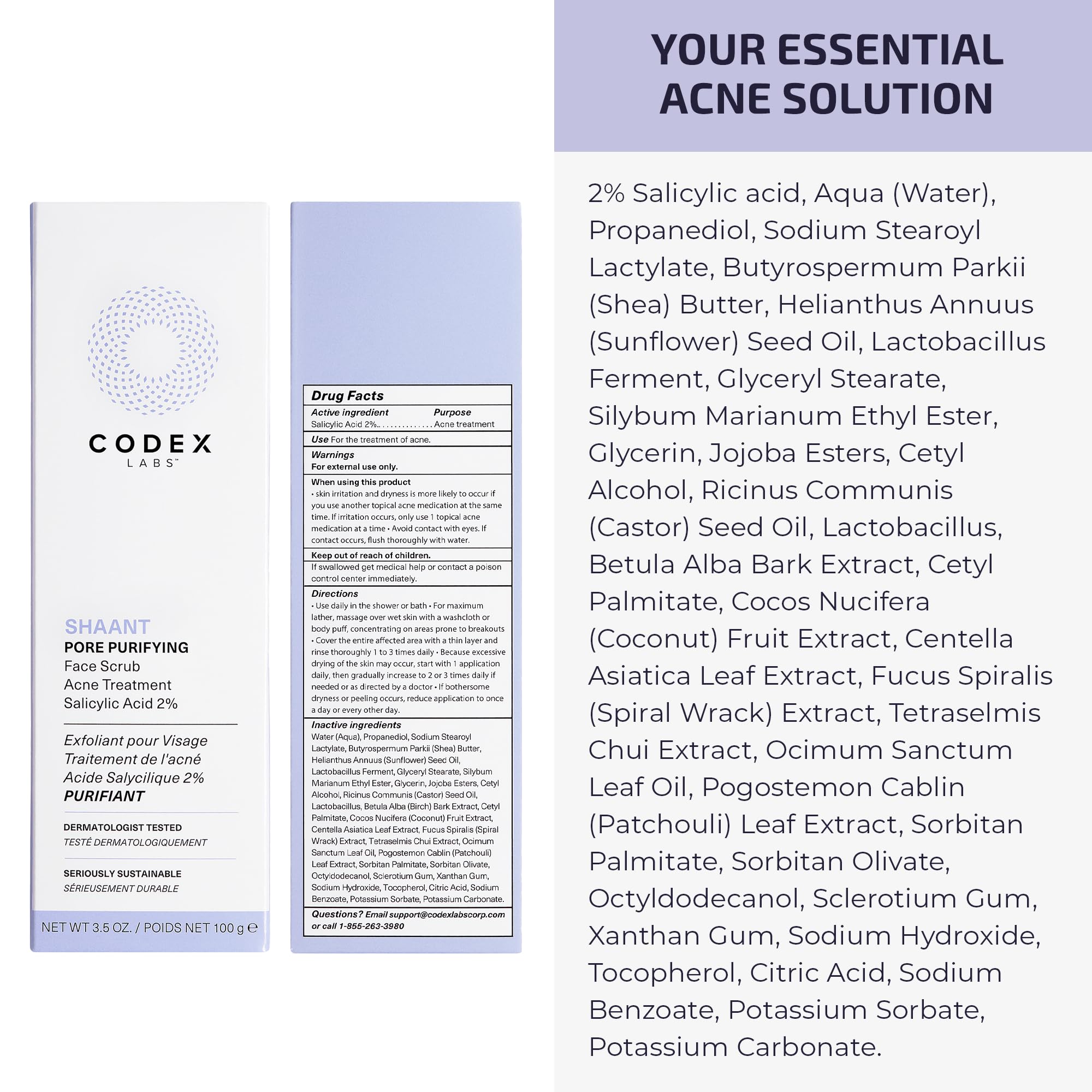 Codex Labs Shaant Pore Purifying Face Scrub - 2% Salicylic Acid Exfoliator for Acne Prone & Oily Skin | Oil Control & Pore Minimizer | Vegan, Cruelty-Free Skincare (100g) - Perfect for Daily Deep Cleansing & Blackhead Removal
