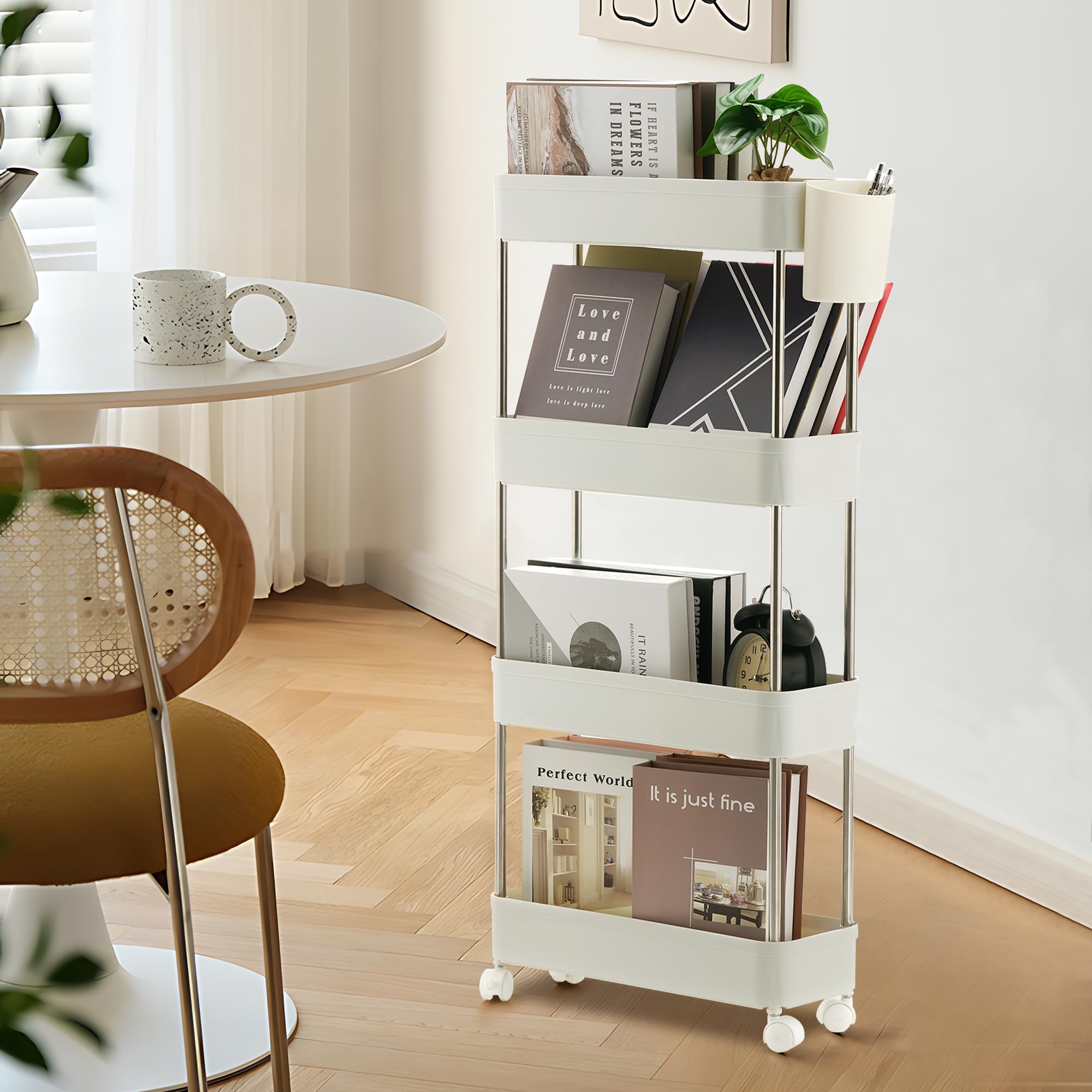 VECELO 4-Tier Slim Rolling Storage Cart with Wheels & Hooks - Mobile Kitchen Utility Organizer for Bedroom, Bathroom, Office - Perfect for Narrow Spaces & Small Areas (White) - Ideal for Home Organization, Kitchen Storage & Office Supplies