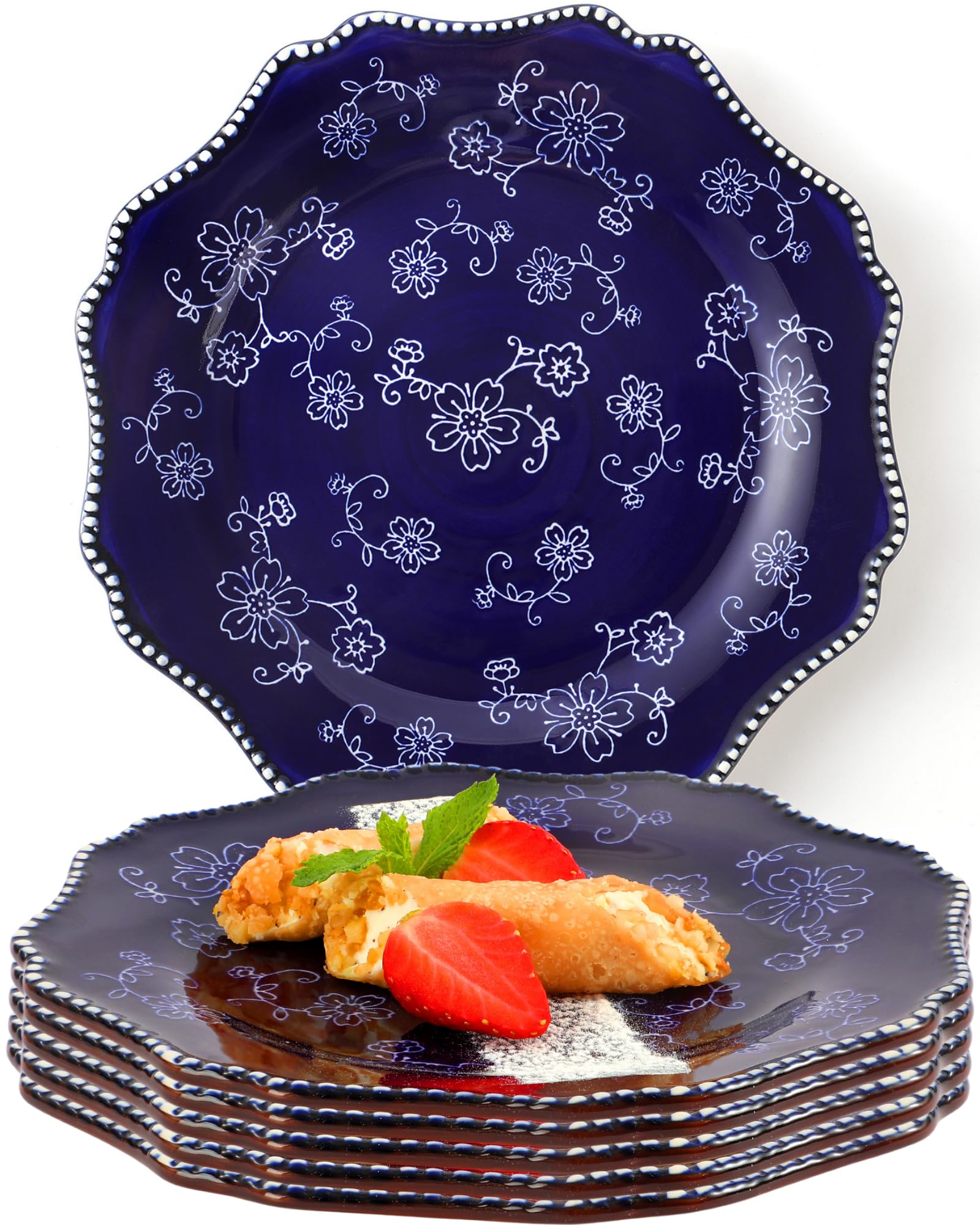 KUNABOO Handmade Ceramic Plates Set of 6 - 7.5” Sakura Floral Design Porcelain Appetizer Plates, Salad Bowls & Dessert Dishes in Midnight Blue - Perfect for Dinner Parties, Wedding Gifts & Home Decor