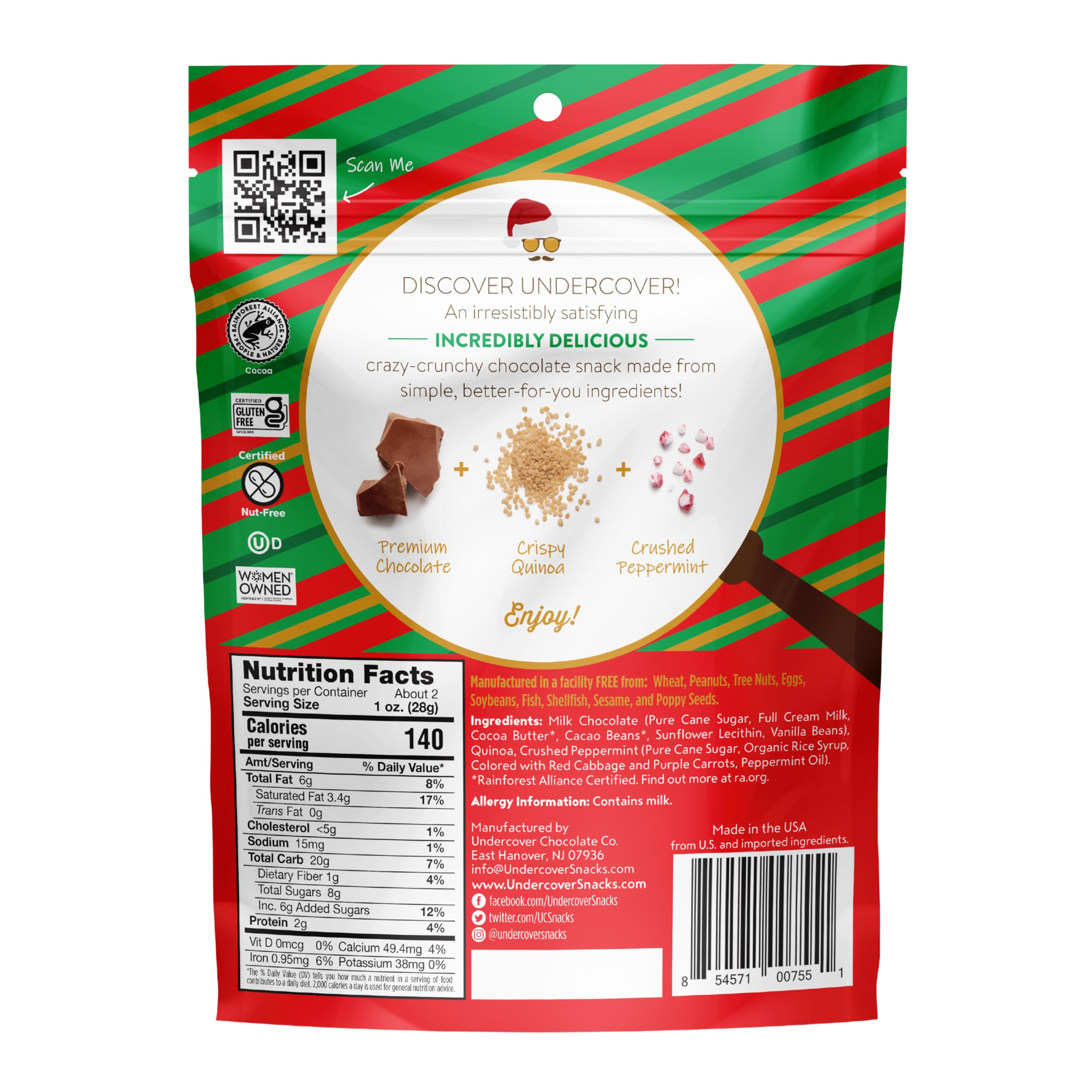 Undercover Chocolate Quinoa Crisps - Milk Chocolate & Peppermint Flavor | 8-Pack (2oz Bags) | Gluten Free, Nut-Free, Allergen Friendly, Kosher Certified | Healthy Snack for Office, Travel & Gifts