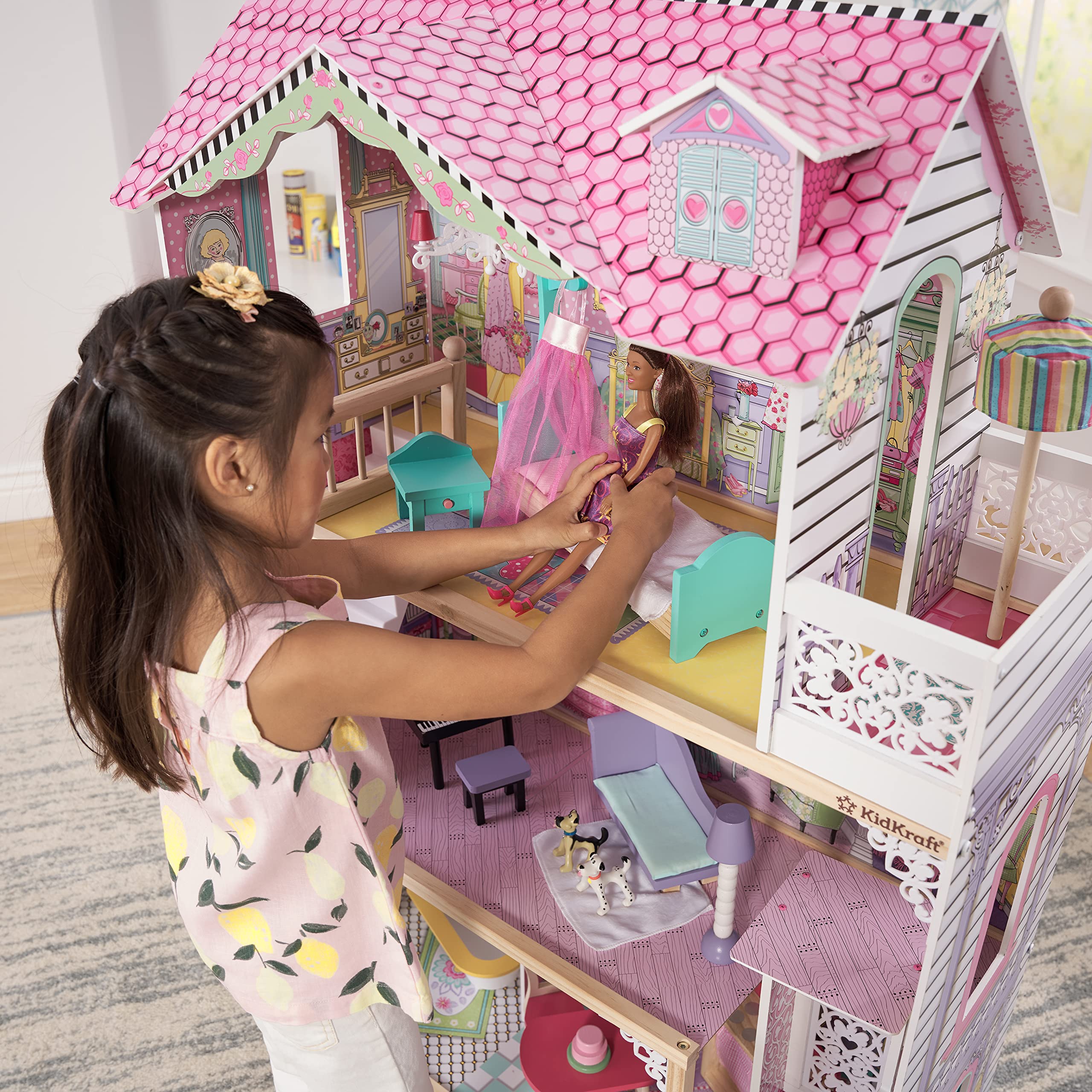 KidKraft Annabelle Wooden Dollhouse with Elevator & Balcony - 17-Piece Accessory Set | Perfect Gift for Girls Ages 3+ | Pretend Play, Imaginative Play, Nursery Decor