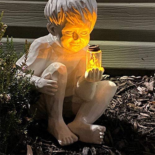 Solar Fireflies Garden Statue - Whimsical Resin Jar Boy Girl Sculpture for Outdoor Flowerbed & Yard Decor | Perfect for Kids Play Area, Fairy Garden & Backyard Landscaping