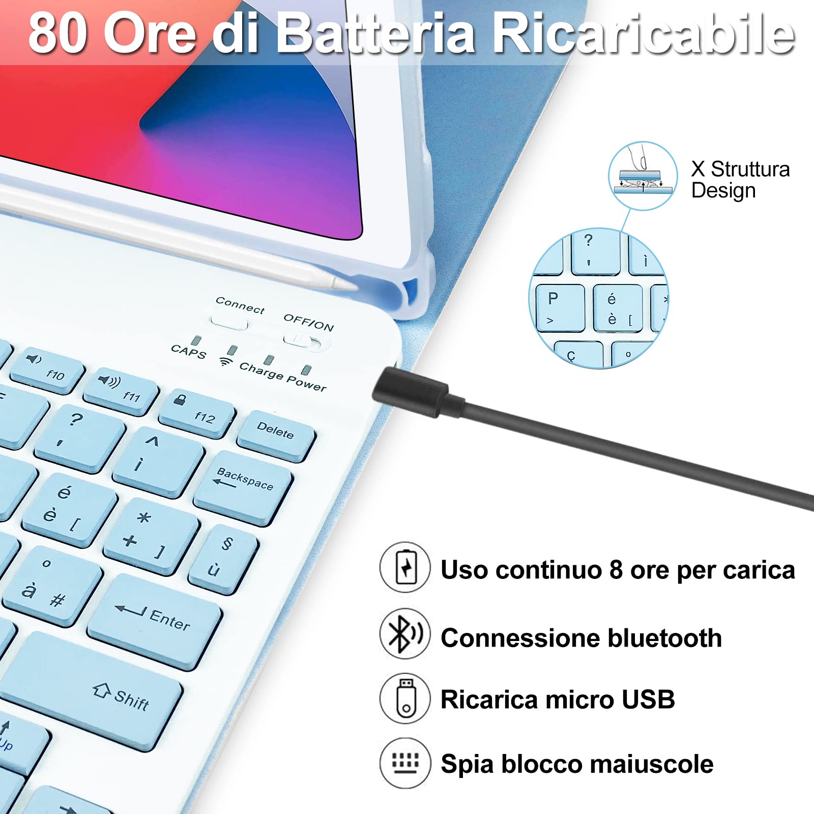 Magnetic Bluetooth Keyboard Case for iPad 10.2 (2021 9th Gen/2020 8th Gen/2019 7th Gen)/iPad Pro 10.5/iPad Air 3 - Detachable Wireless Italian Layout Cover (Sky Blue) | Perfect for Work, Study & Travel