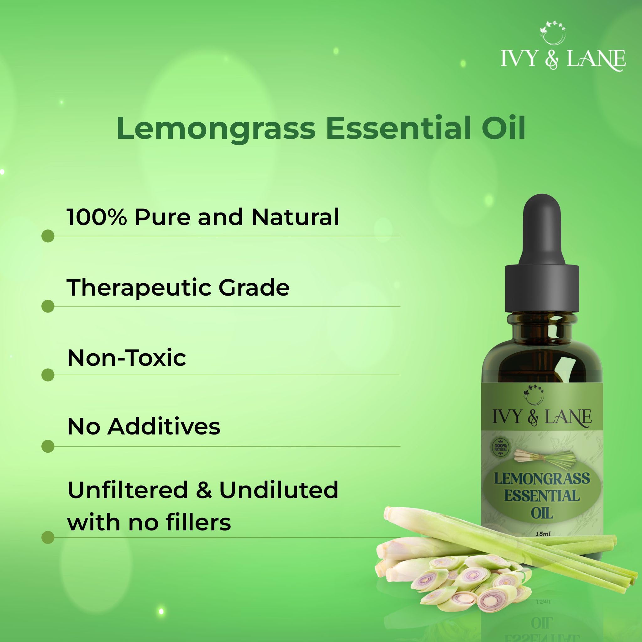**Ivy & Lane 100% Pure Organic Lemongrass Essential Oil - Undiluted, Therapeutic Grade for Stress Relief, Headache Relief & Natural Insect Repellent - 15ml with Dropper - Perfect for Aromatherapy, Massage & DIY Skincare**