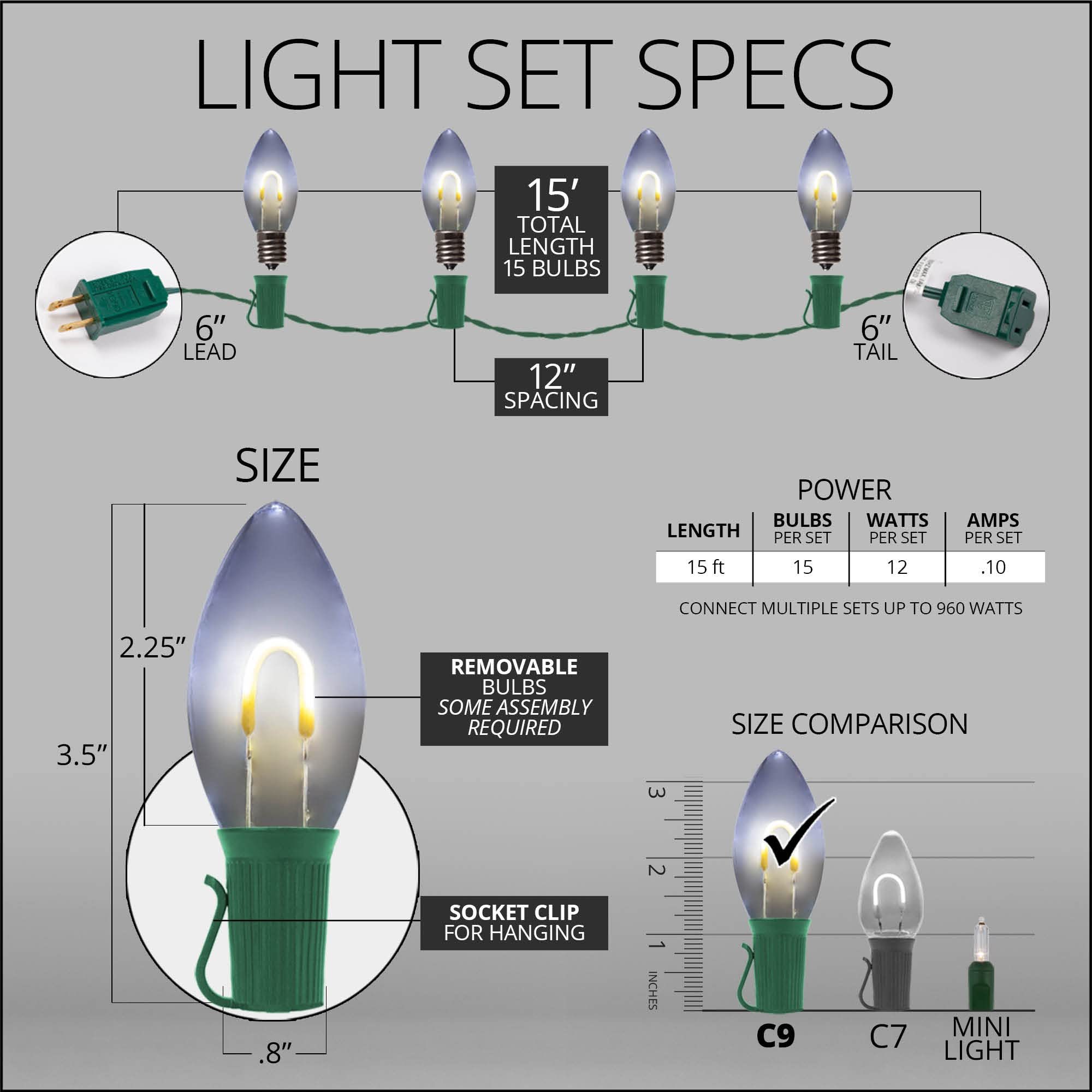 15' FlexFilament LED C9 Christmas Lights - Cool White Shatterproof Outdoor String Lights for Balcony, Patio & Holiday Decor | Weatherproof Edison Bulb Lights for Year-Round Use