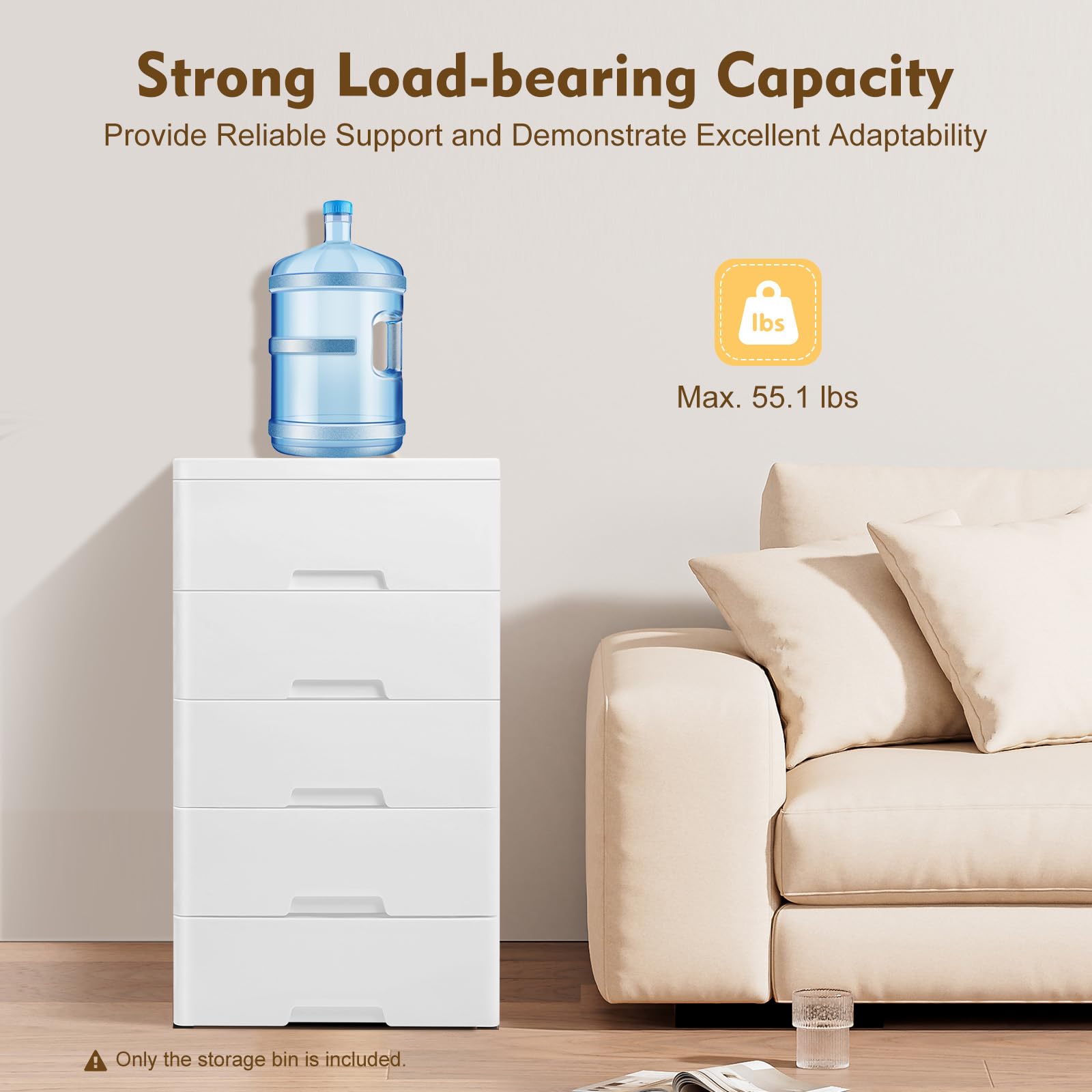 5-Drawer Plastic Storage Cabinet with Wheels - Tall Standing Dresser Organizer for Playroom, Bedroom, Closet & Office - White