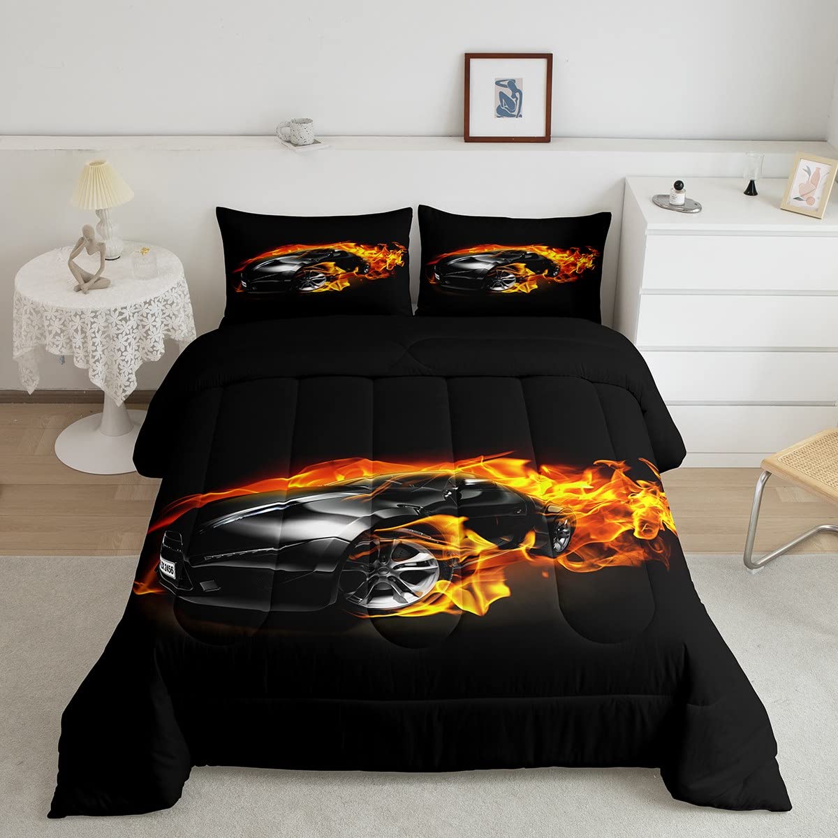 Black Racing Car Bedding Set for Kids & Teens - Full Size 3Pcs Sports Car Comforter Set with Extreme Speed Design - Perfect for Boys' Room Decor, Birthday Gifts & Race Car Themed Bedrooms