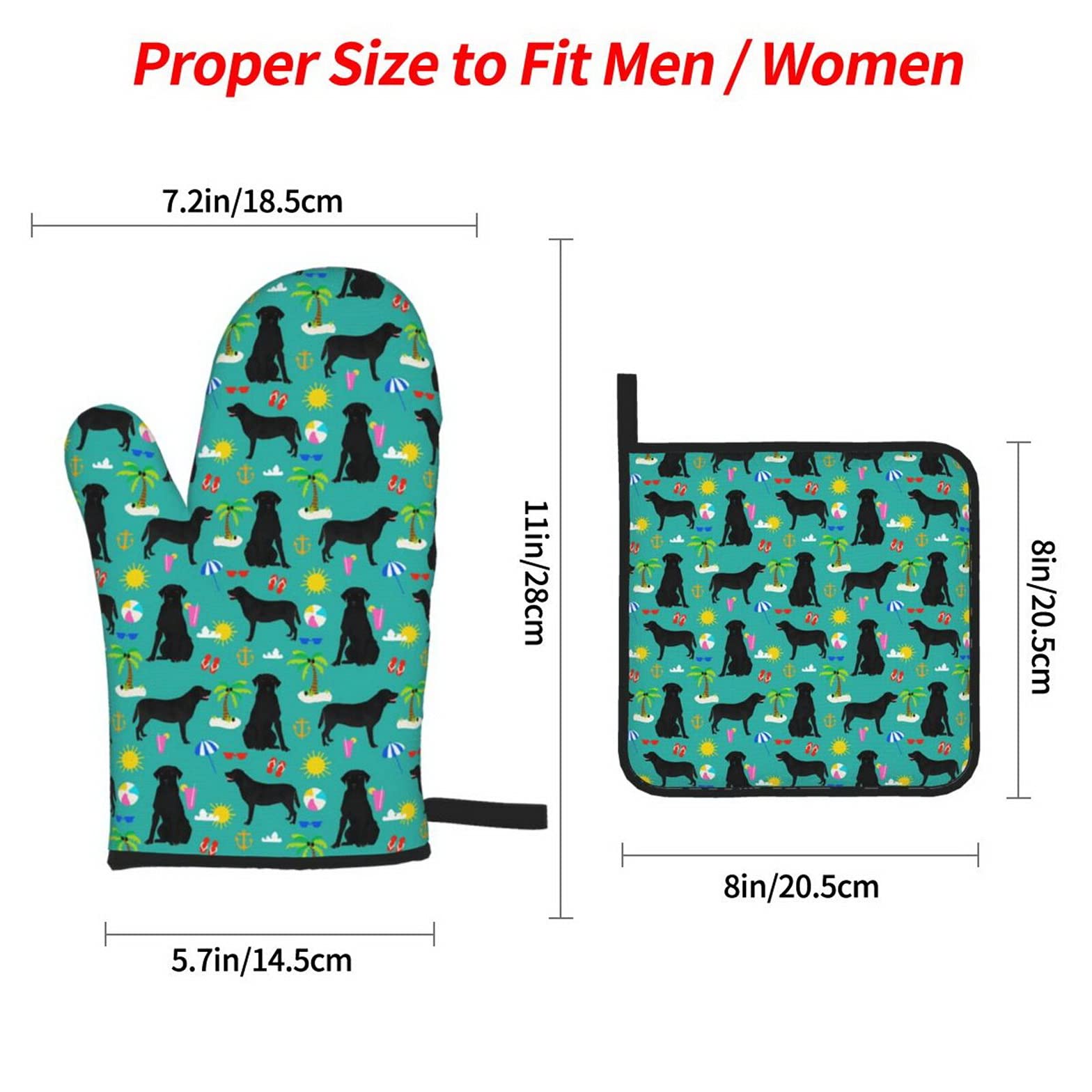 Black Labrador Retriever Themed Heat Resistant Oven Mitts & Pot Holders Set of 4 - Summer Beach Dog Breed Kitchen Accessories for Baking, Cooking & Grilling - Perfect for Dog Lovers & Beach-Themed Kitchens