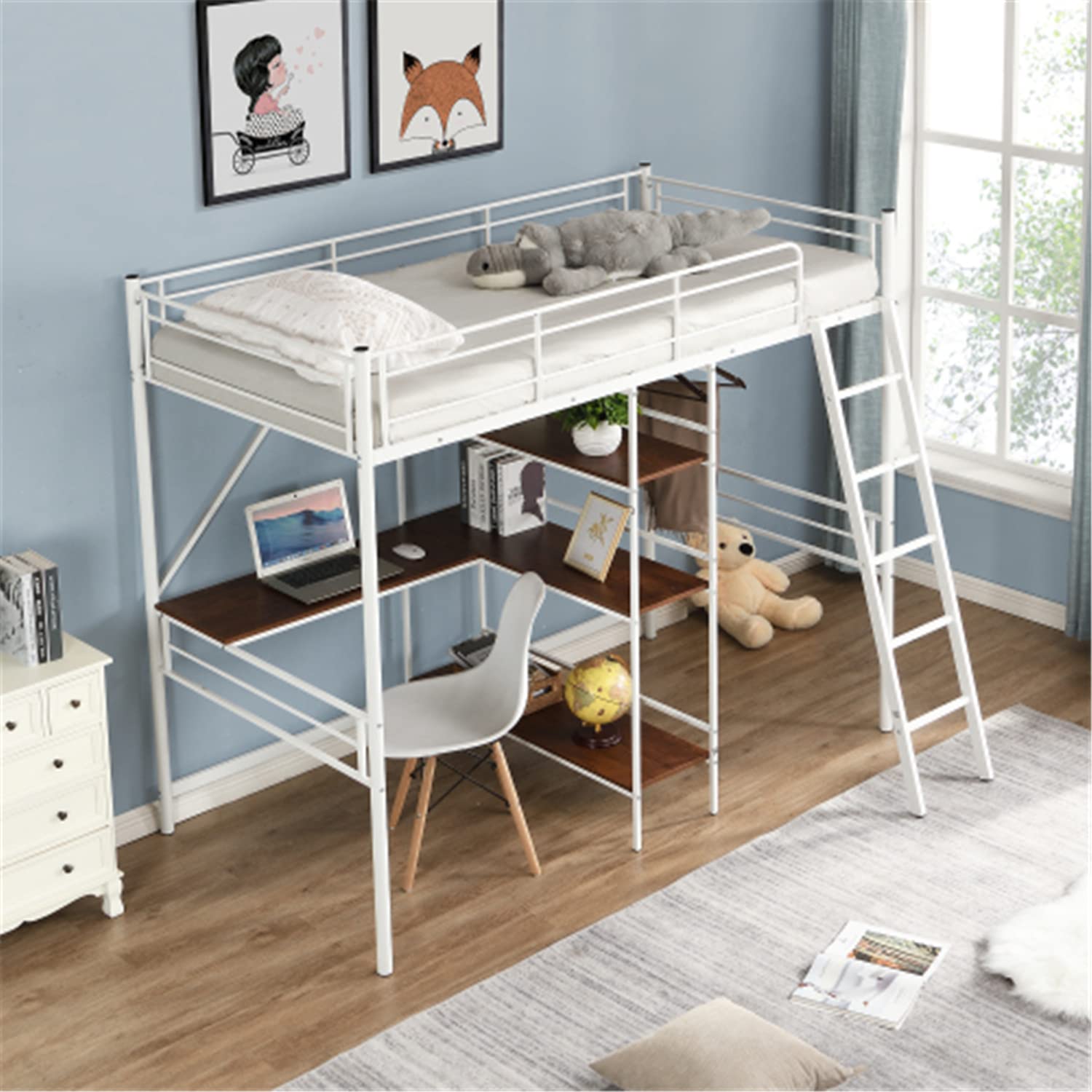 Twin Size Loft Bed with L-Shaped Desk & Shelves - Sturdy Metal Frame with Safety Guardrail - Easy to Assemble White Space-Saving Bed - Perfect for Small Bedrooms, Dorms & Studio Apartments