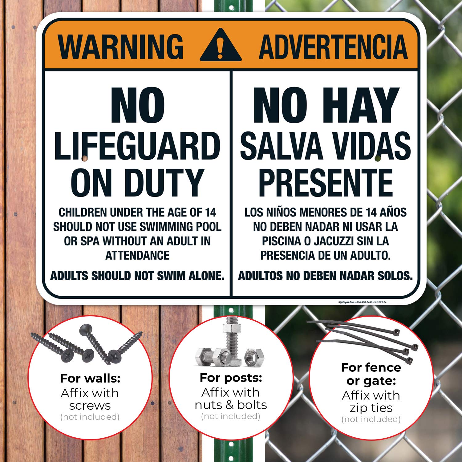 No Lifeguard On Duty Bilingual Sign (English/Spanish) - 18x24 Inches, Rust-Free .063 Aluminum, Fade Resistant - Easy Mounting for Pool, Beach & Public Areas - Indoor/Outdoor Use, Made in USA