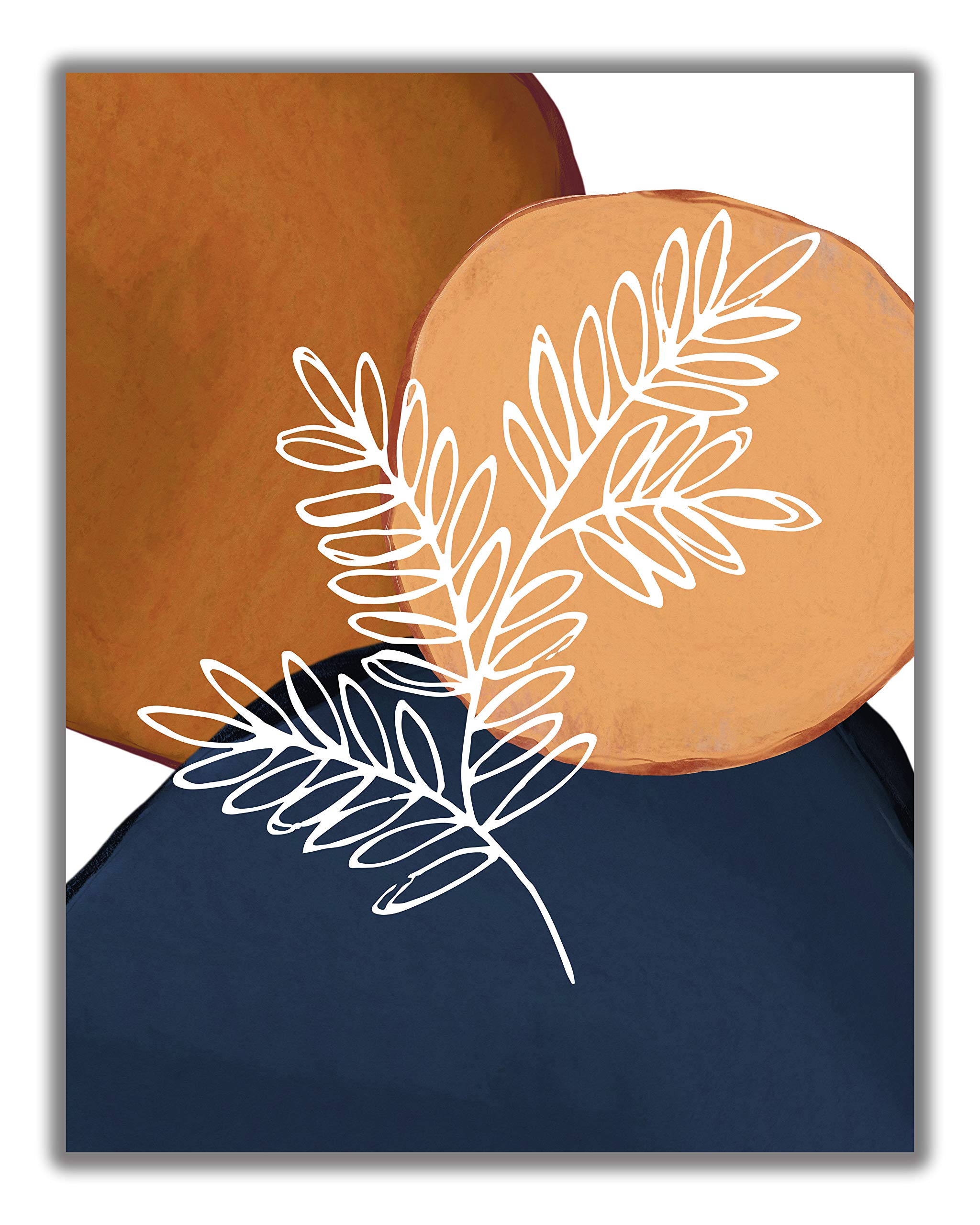 Abstract Navy Blue & Botanical Wall Art Print - 11x14 UNFRAMED Modern Minimalist Home Decor in Dark Blue, Rust & White - Perfect for Living Room, Bedroom or Office Wall Decor