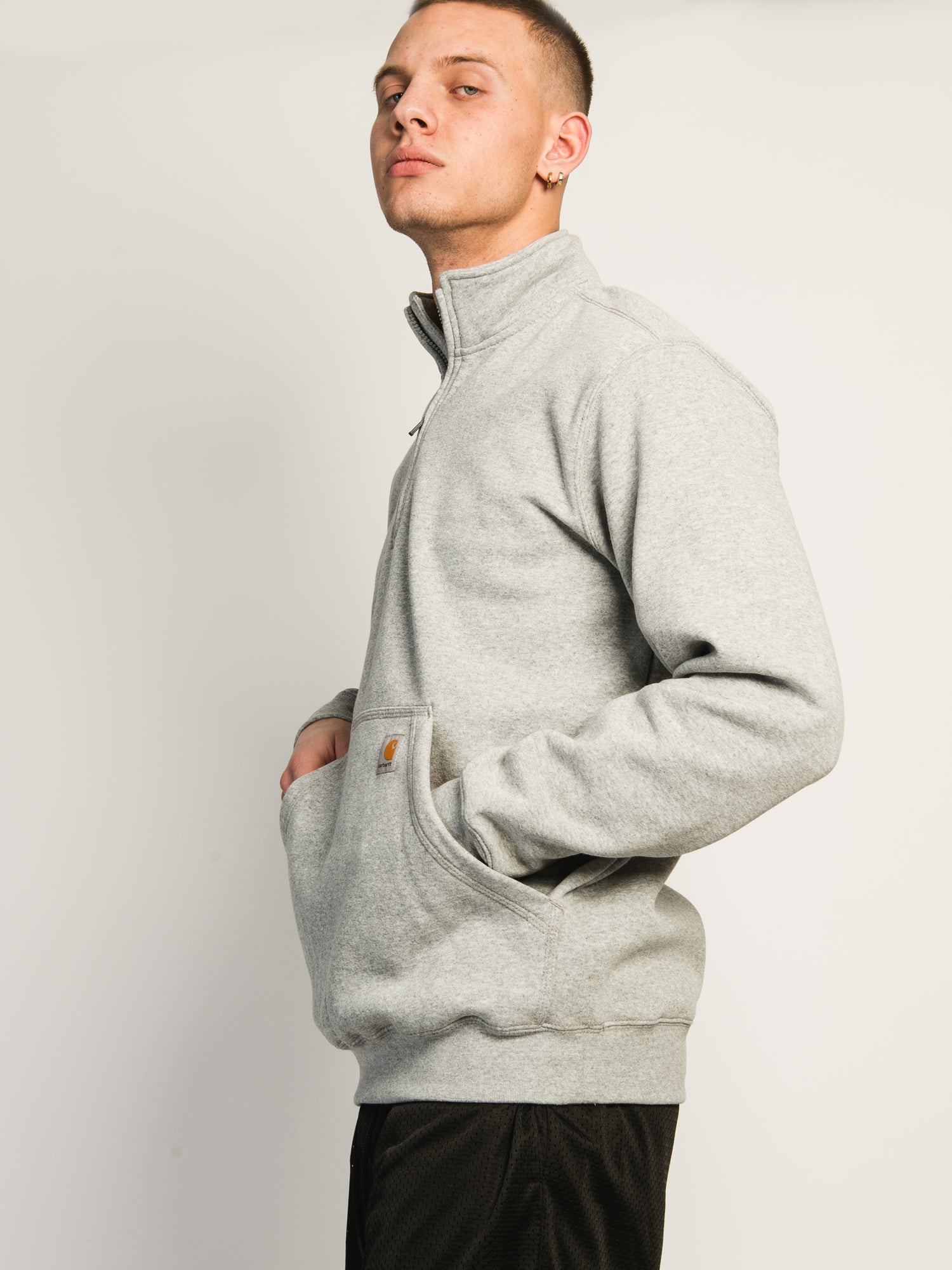 Carhartt Loose Fit Midweight Quarter Zip Mock Neck Sweatshirt - Heather Grey for Men | Workwear & Casual Outdoor Activities