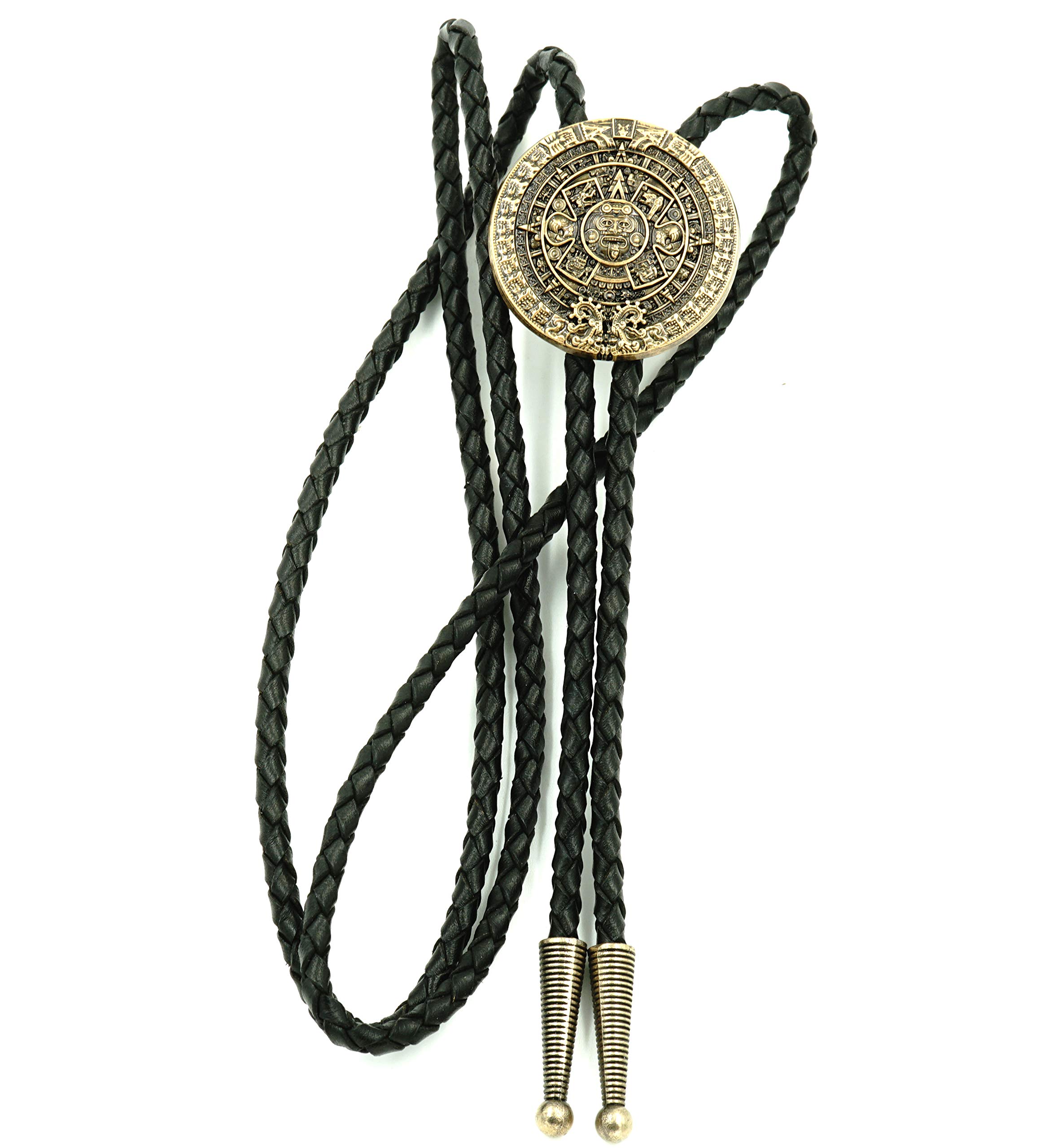 Aztec Mayan Bronze Plated Western Leather Bolo Tie for Men - Vintage Native American Style Neckwear for Cowboy, Western, and Casual Outfits
