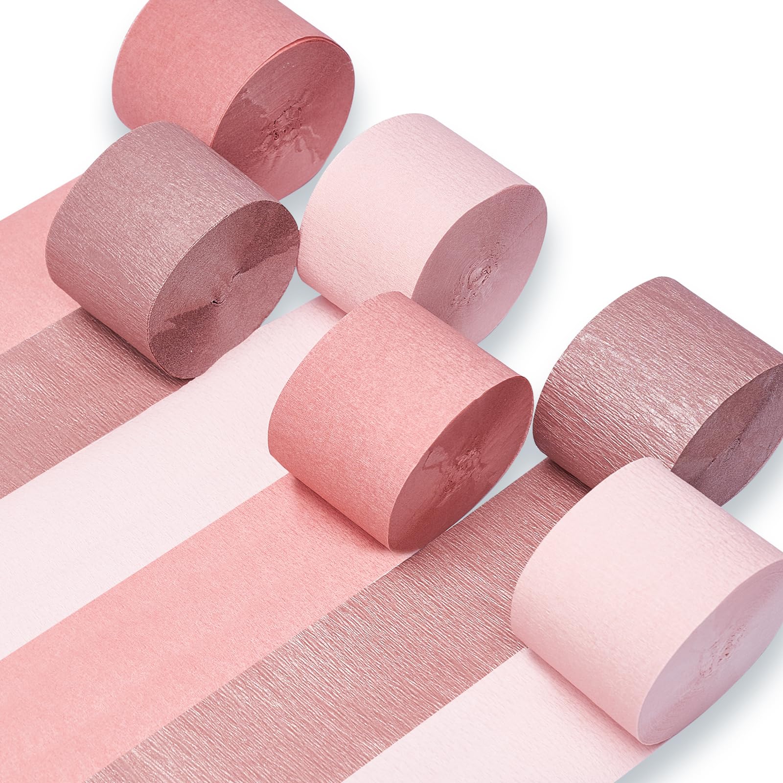PartyWoo Metallic Rose Gold, Pink & Dusty Pink Crepe Paper Streamers - 6 Rolls (492ft Total) for Bridal Shower, Bachelorette Party & Wedding Decorations - Perfect for Ceiling Decor, Photo Backdrops & DIY Party Supplies (1.8