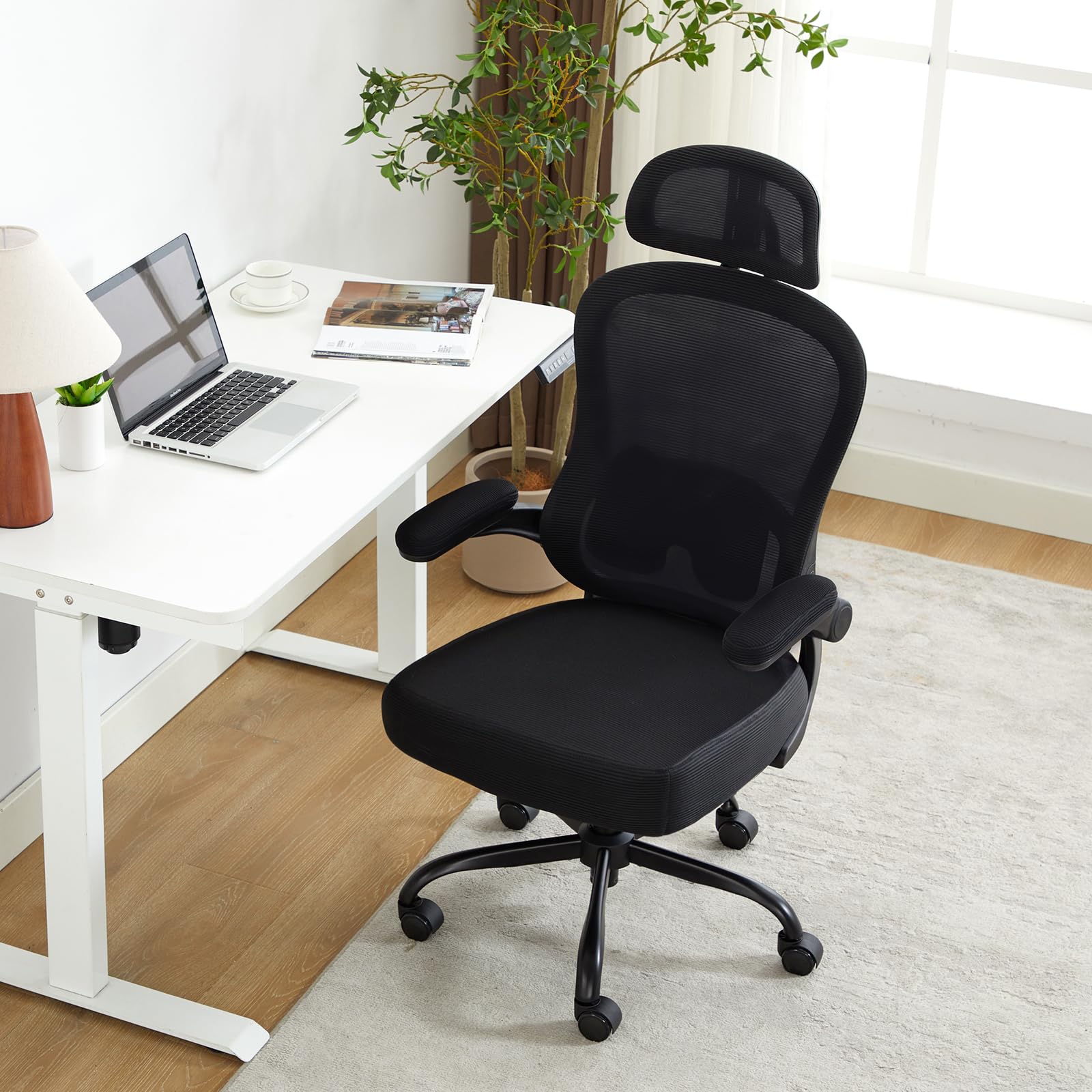 TUKAKA Ergonomic Office Chair with Adjustable Lumbar Support & Headrest - Ultra Thick Cushion, Rocking Function & Flip-Up Arms - Mesh Computer Chair for Home Office (Black) - Perfect for Long Work Hours, Gaming & Remote Work