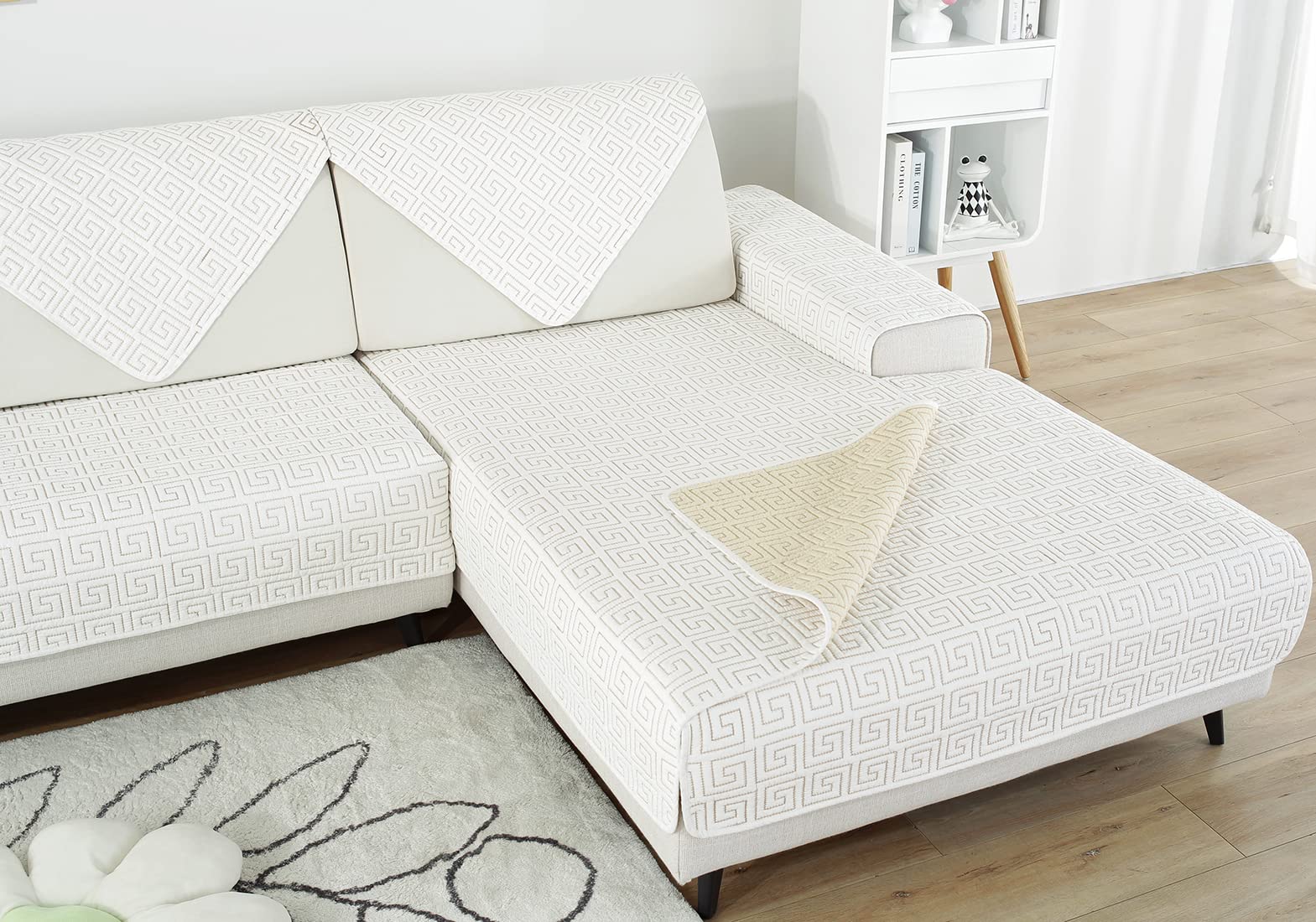 Geometric Embroidery Cotton Sofa Cover - Non Slip Quilted Sectional Couch Protector - Farmhouse Solid Color Slipcover for Dogs, Kids & Pets (36
