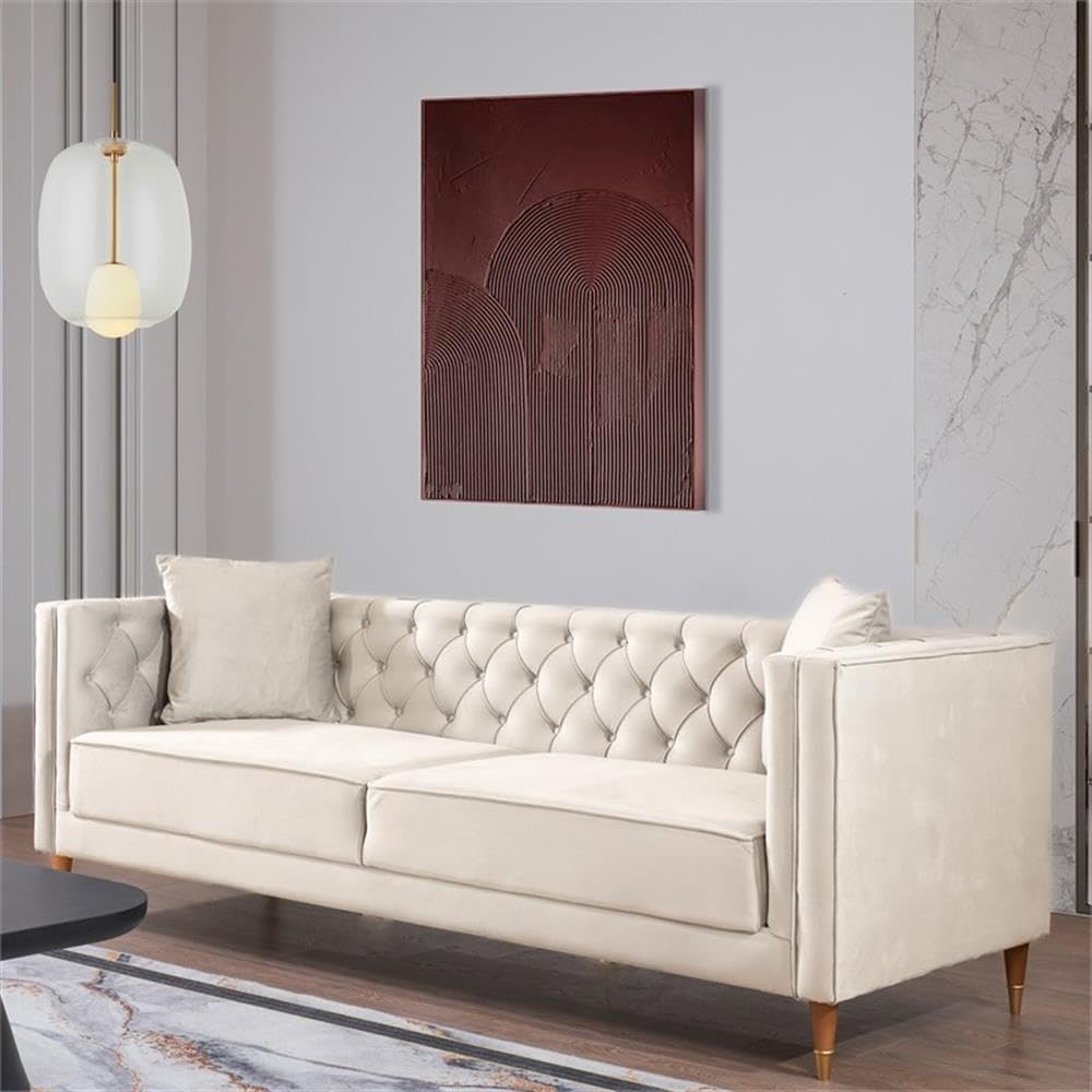 ASHCROFT Lewis Luxury Modern Tufted Velvet Sofa - Cream Living Room Couch for Home, Lounge & Office - Plush Comfortable Seating for Entertaining & Relaxation