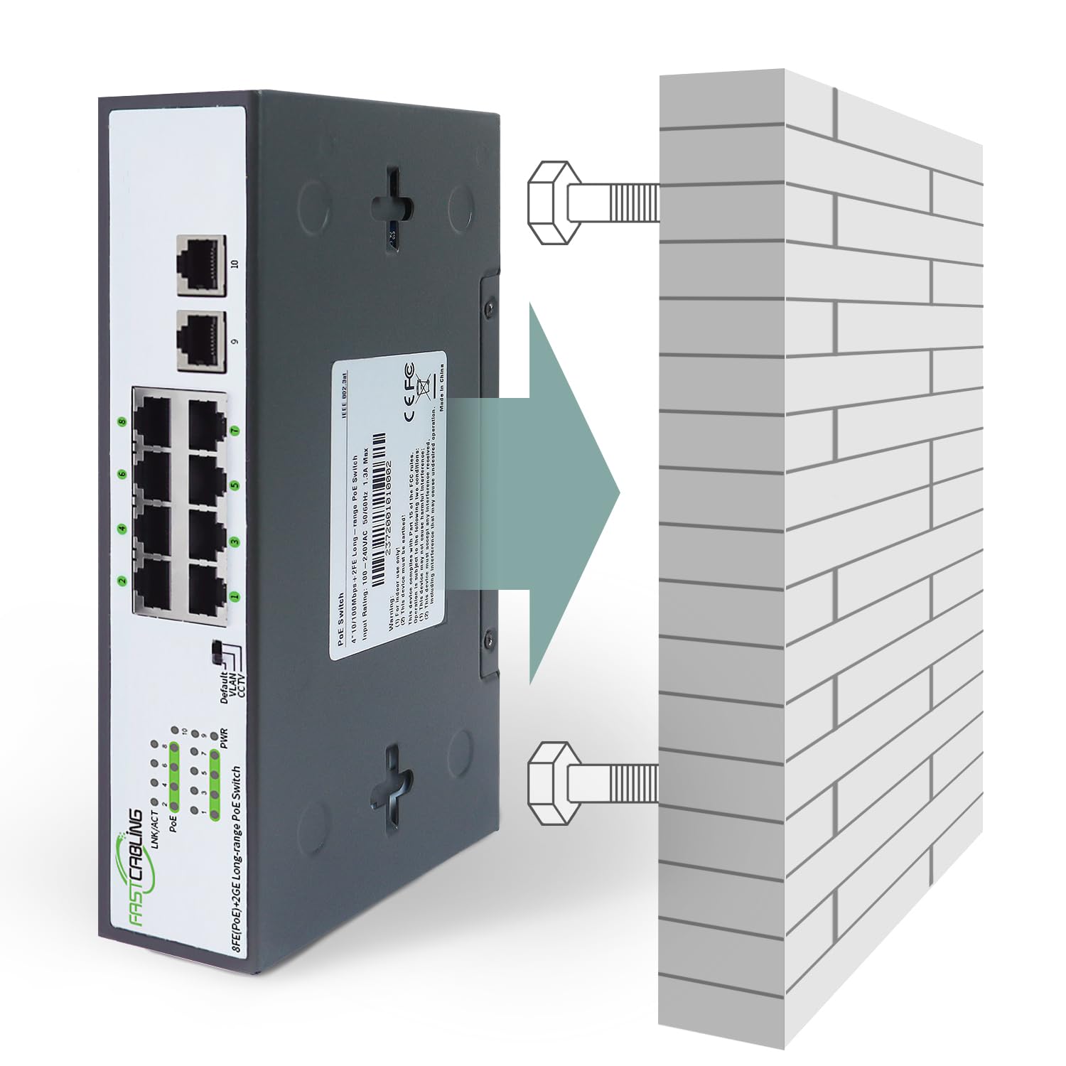 1500ft 8 Port Long Range PoE+ Switch with PoE Extension - Supports Cat5e/Cat6 Cables, Fast Ethernet 10/100Mbps, IEEE802.3at/af 30W - Ideal for IP Cameras, Wireless Access Points & Remote Network Devices