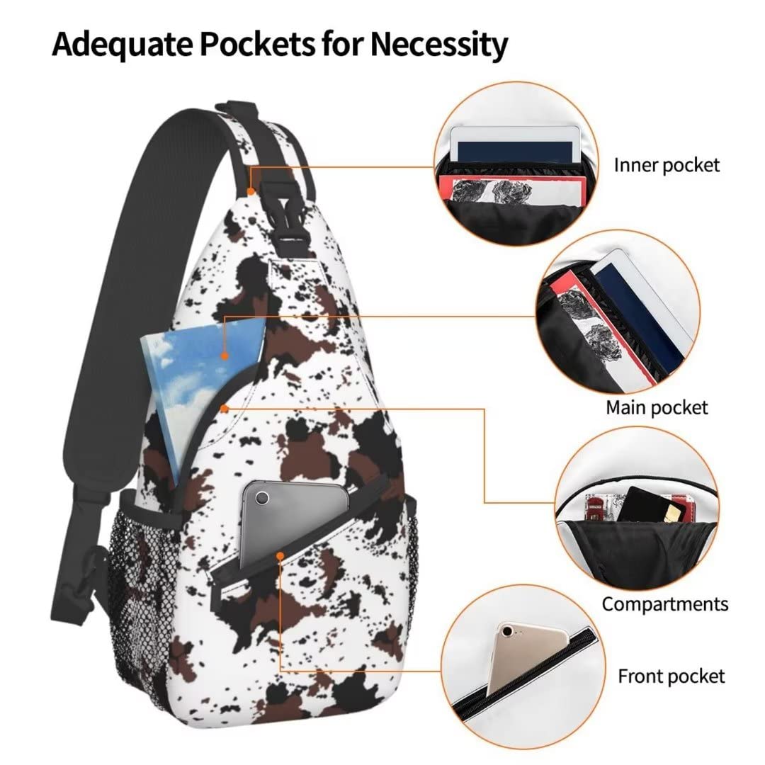 Stylish Cow Print Sling Bag - Adjustable Crossbody Backpack with Rustic Cowhide Texture in Black & Brown | Western Farmhouse Fashion Accessory for Travel, Shopping & Daily Use