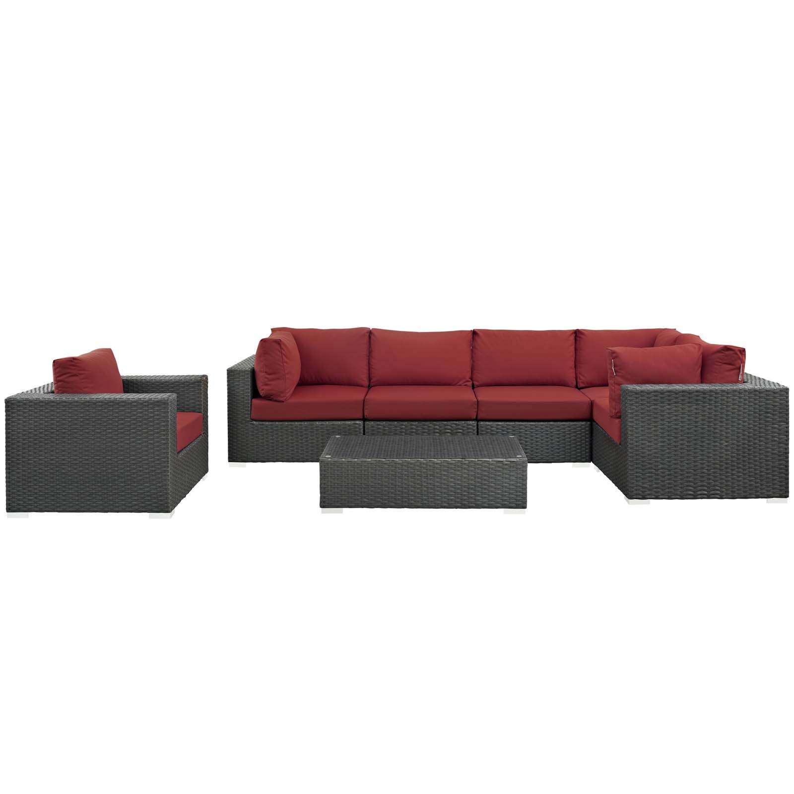 Modway Sojourn 7-Piece Wicker Rattan Outdoor Patio Sectional Set with Sunbrella Cushions in Canvas Red - Perfect for Backyard, Poolside & Garden Relaxation