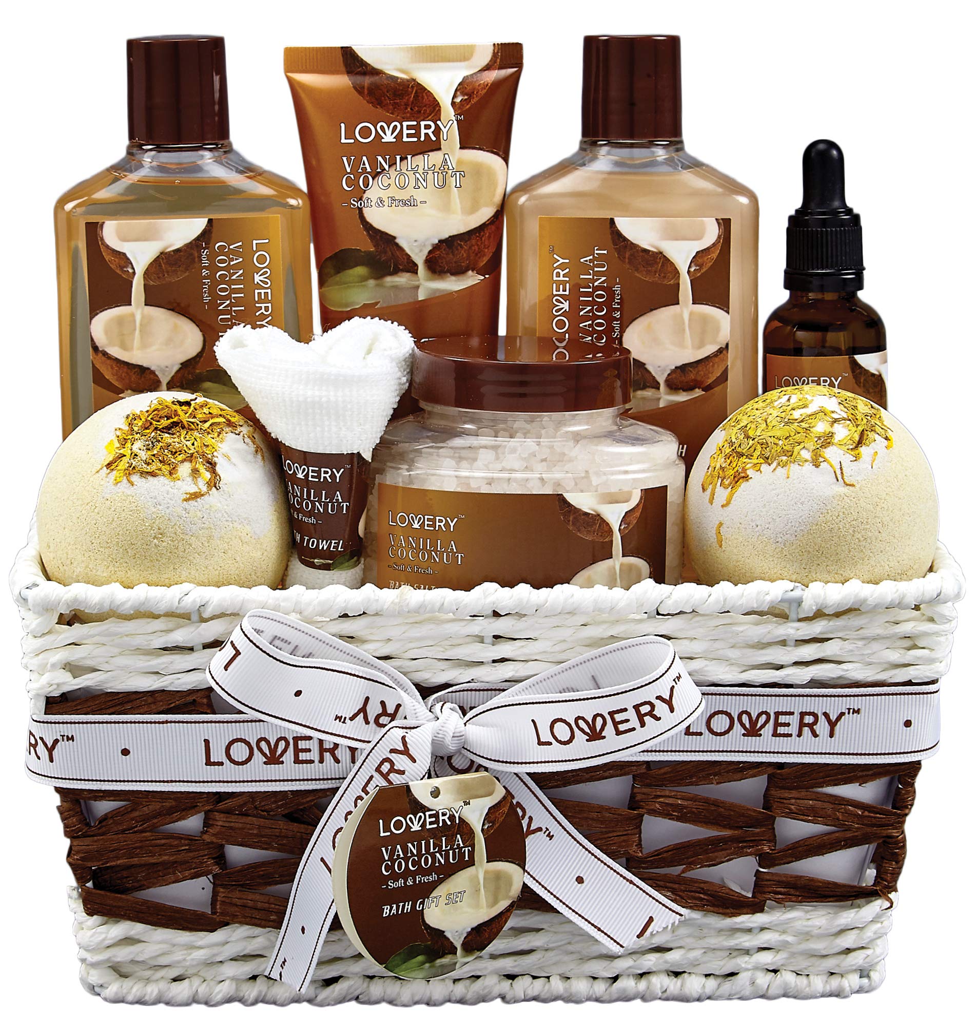 Vanilla Coconut Spa Gift Basket for Women & Men - 9 Piece Luxury Bath & Body Set with Bath Bombs, Lotion, Coconut Oil & Plush Towel | Perfect Birthday, Anniversary & Holiday Present for Relaxation & Self-Care
