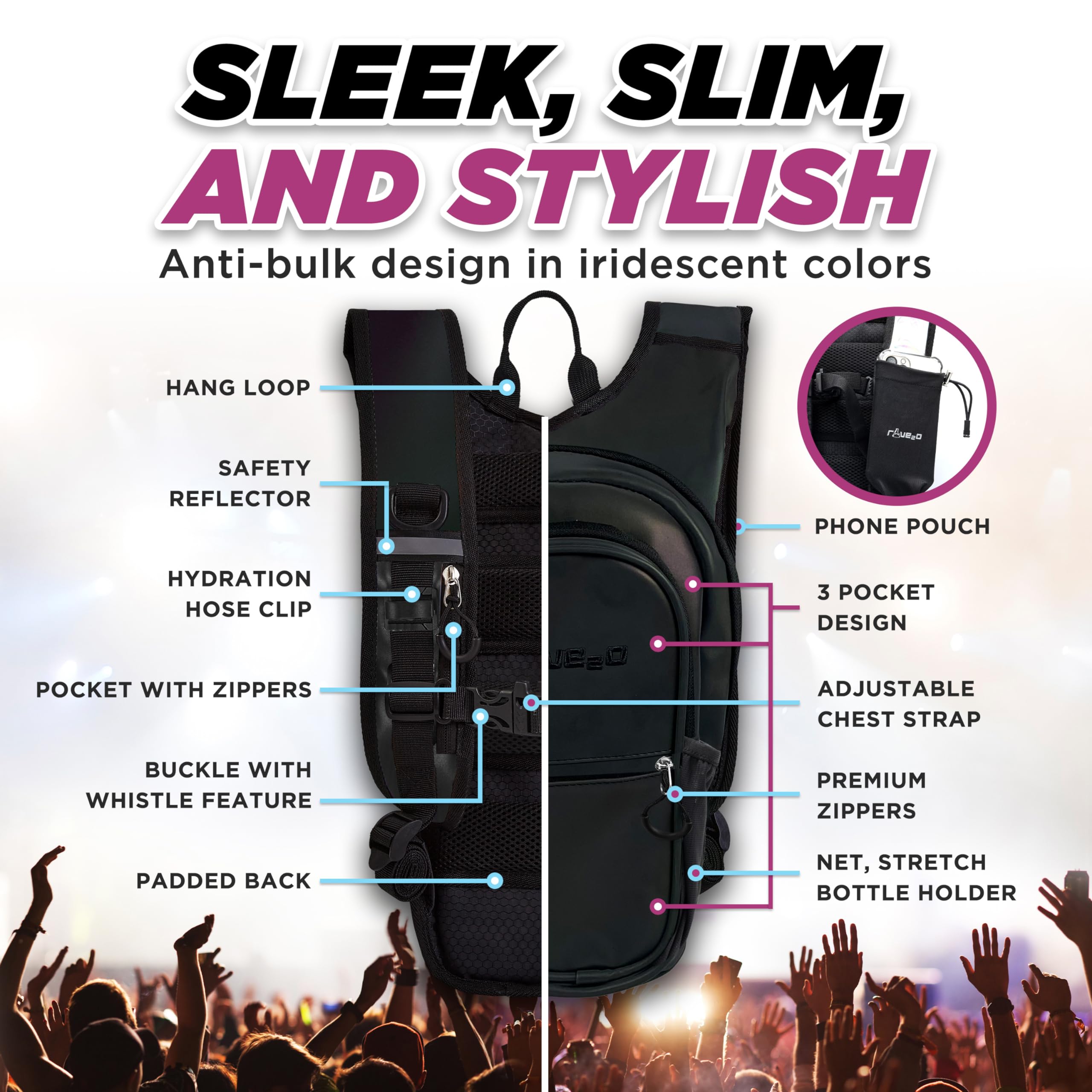 Anti Theft Hydration Backpack 1.5L - Insulated Water Backpack for Raves, Festivals, Hiking & Running - Secure Hydration Pack for Men, Women & Kids - Perfect for Outdoor Adventures, Concerts & Sports Events