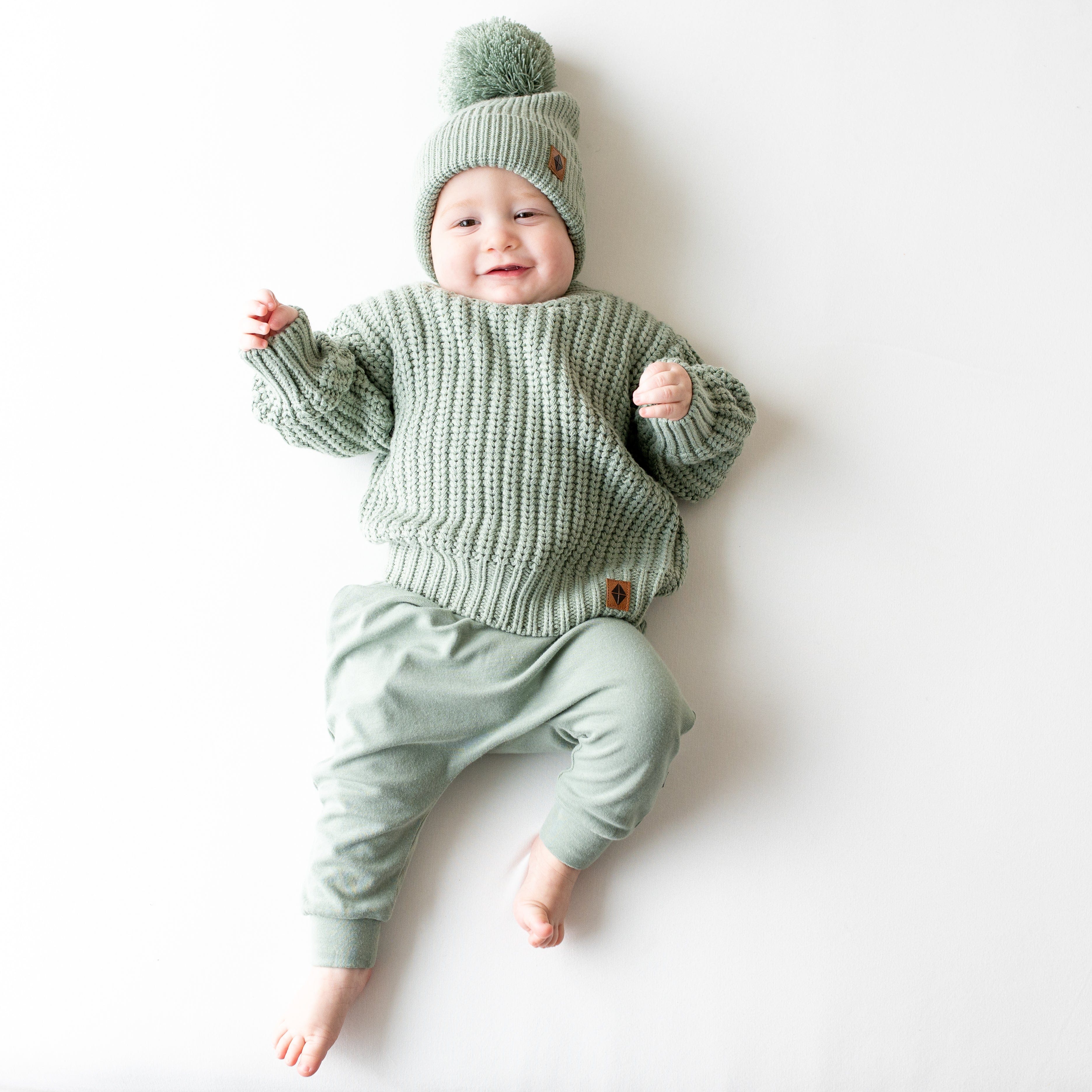 Chunky Knit Pom Beanie for Women - Soft Winter Hat with Faux Fur Pom in Thyme Green | Cozy Cold Weather Accessory for Outdoor Activities & Fashion
